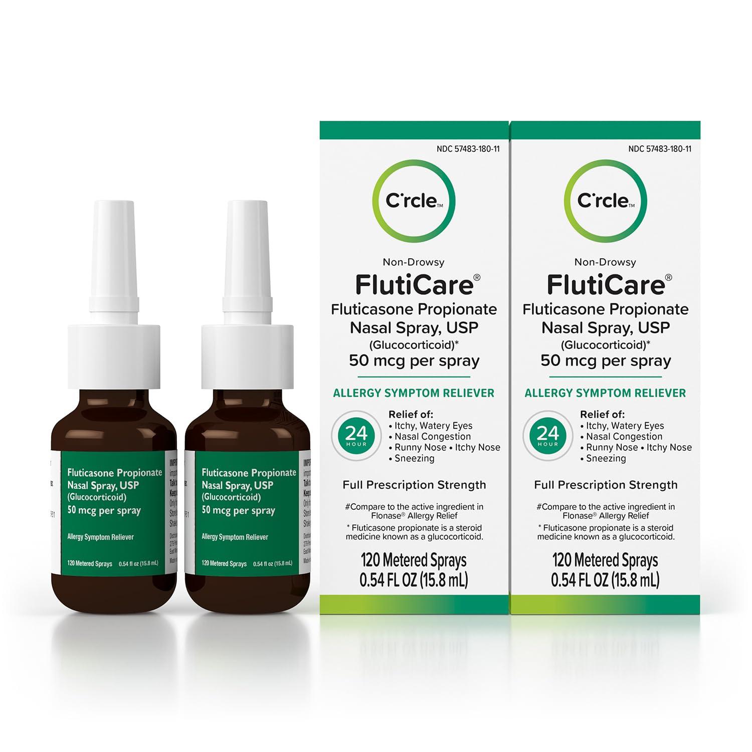 FlutiCare C’rcle 24-Hour Relief Allergy Medicine Nasal Spray, Fluticasone Propionate Nasal Spray 50mcg, Non-Drowsy, Indoor and Outdoor Nasal Allergy Medicine, 120 Sprays (2 Pack)