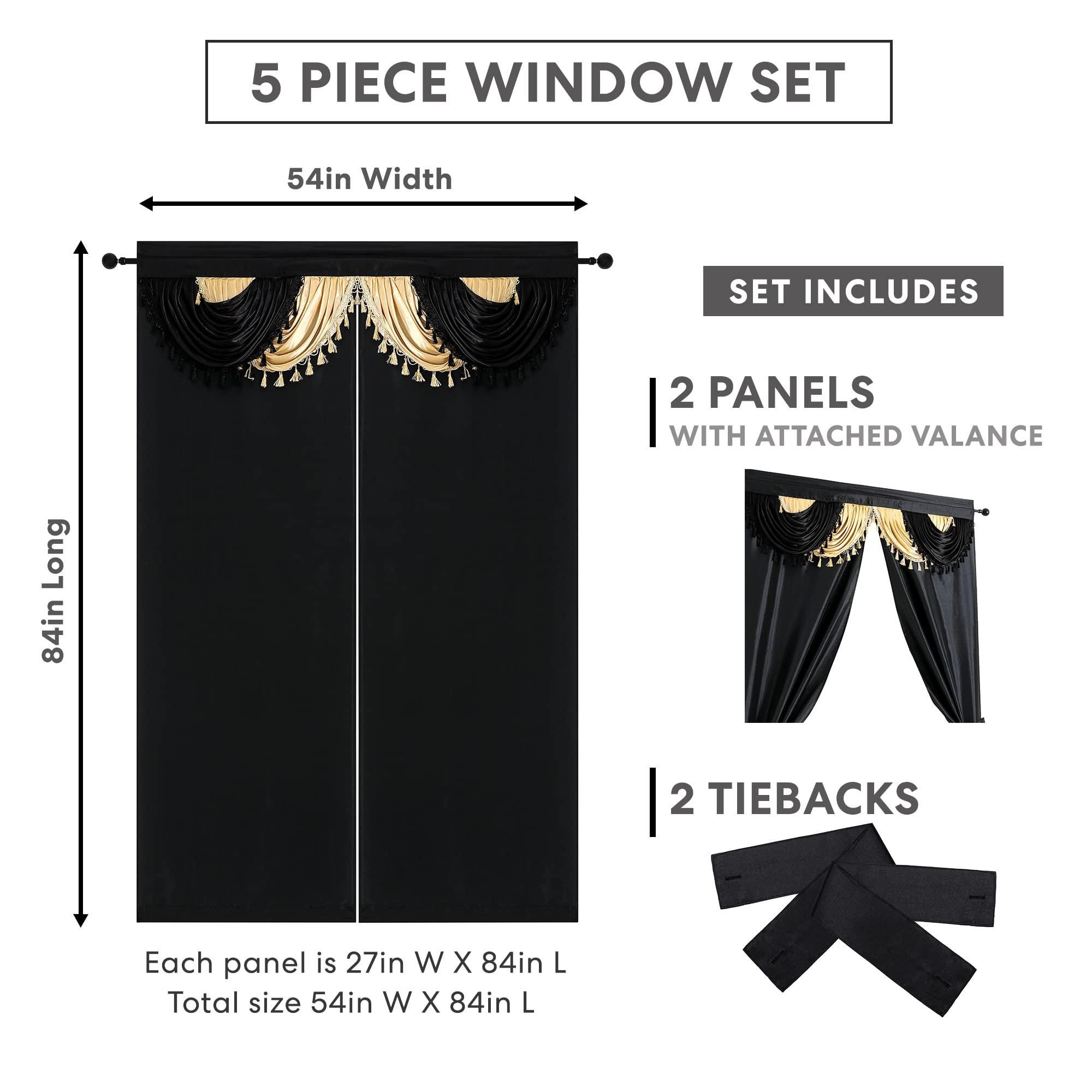 Regal Home Collections Amore 5-Piece Window Curtain Set - 54-Inch W x 84-Inch L Panels with Attached Valance and 2 Tiebacks - Bedroom and Living Room Gothic Curtains (Black/Gold) - Image 2