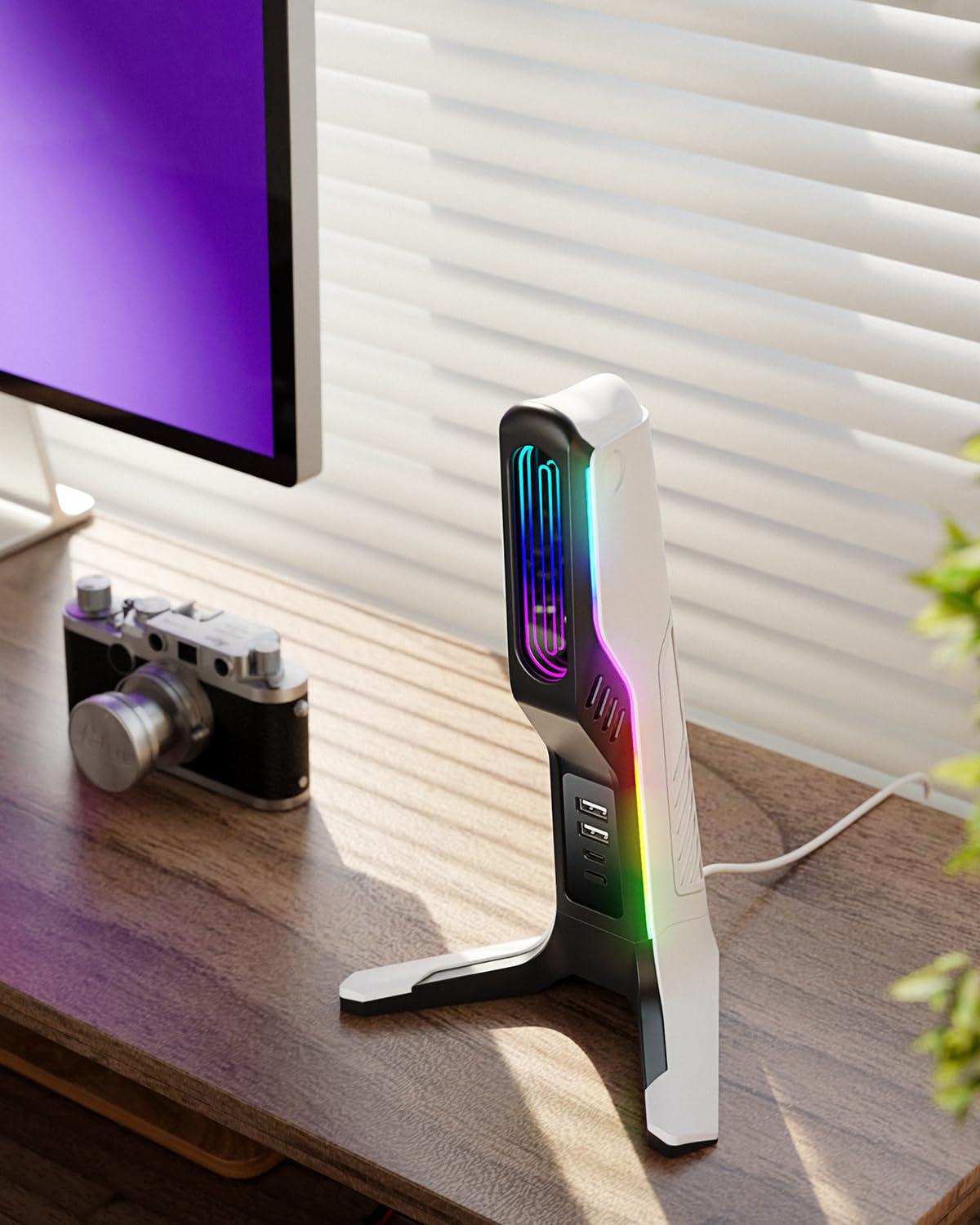 IFYOO RGB Gaming Headset Stand with 2 USB and 1 Type-C Ports, Game Headphone Mount for PC Computer, Xbox One, Xbox Series S/X, PS5, PS4, Earphone Holder Hanger, Desk Gamer Accessories, Black&White - Image 8