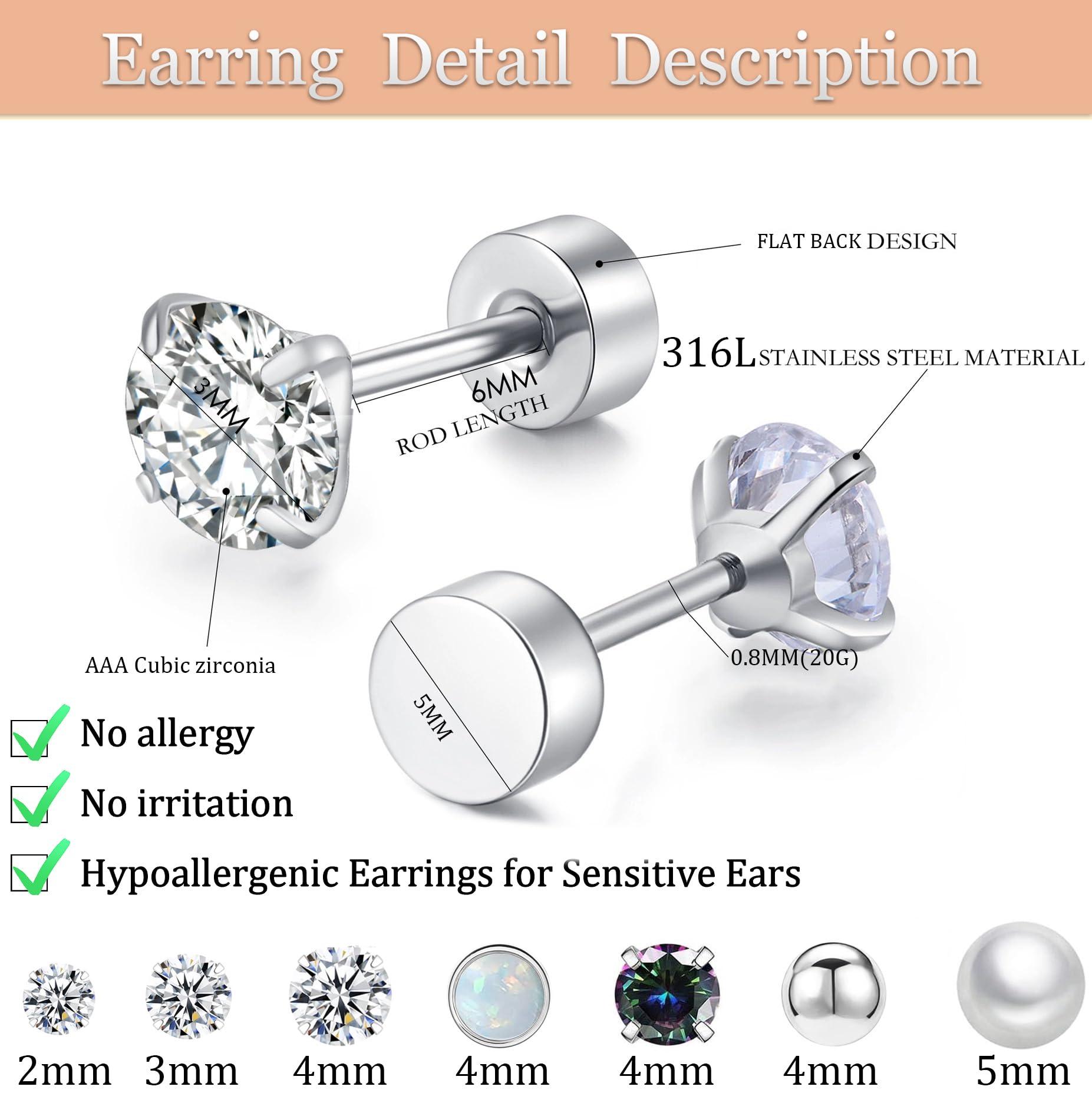 Surgical Steel Flat Back Earrings Set for Multiple Piercing Sensitive Ears,Sterling Silver Hypoallergenic Small Cartilage Huggie Hoop Earrings Titanium Tiny CZ Pearl Opal Stud Earrings for Women - Image 6