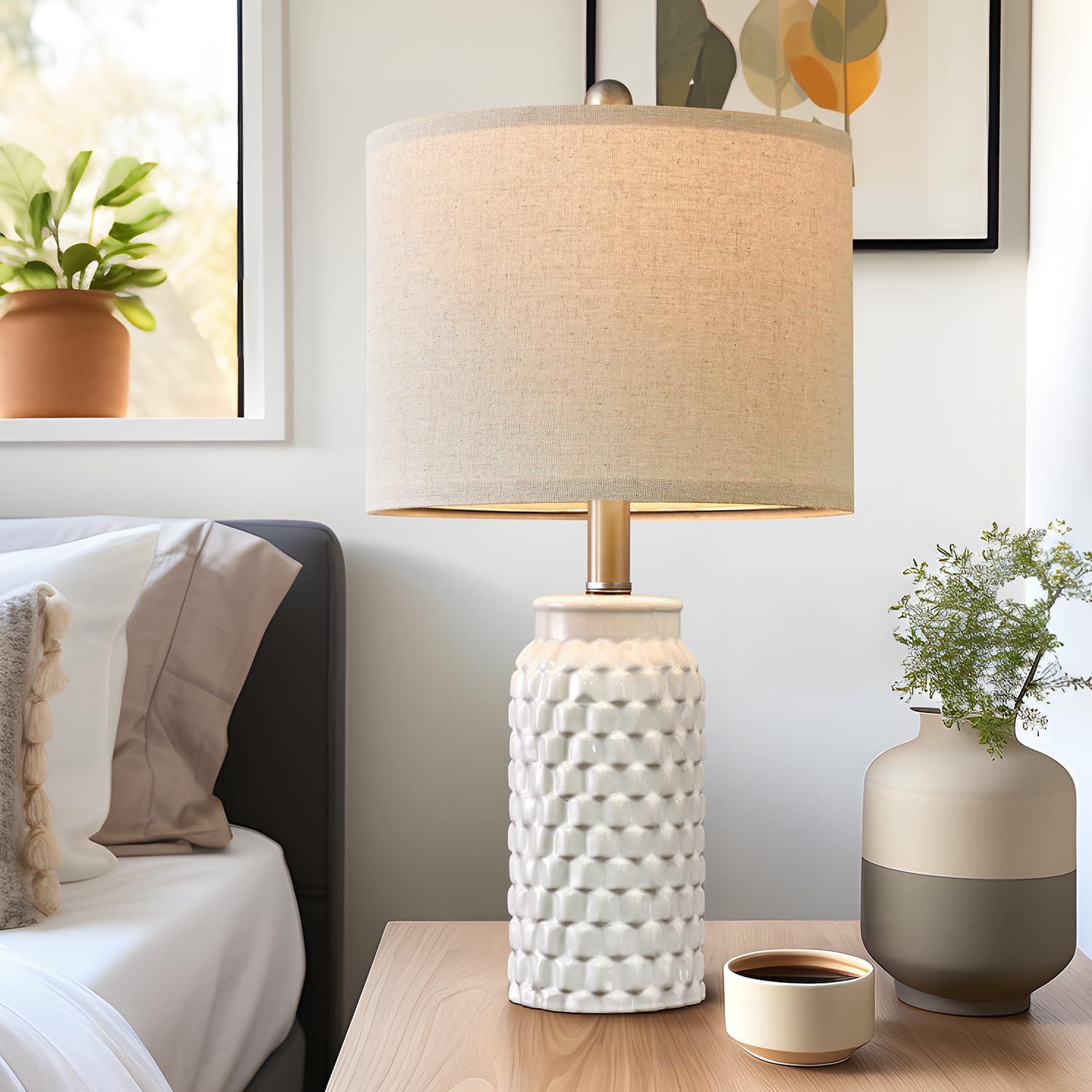 USumkky 20.5" White Modern Ceramic Bedside Lamp Set of 2 for Bedroom Decor Farmhouse Table Lamp for Living Room Office Dorm - Image 4