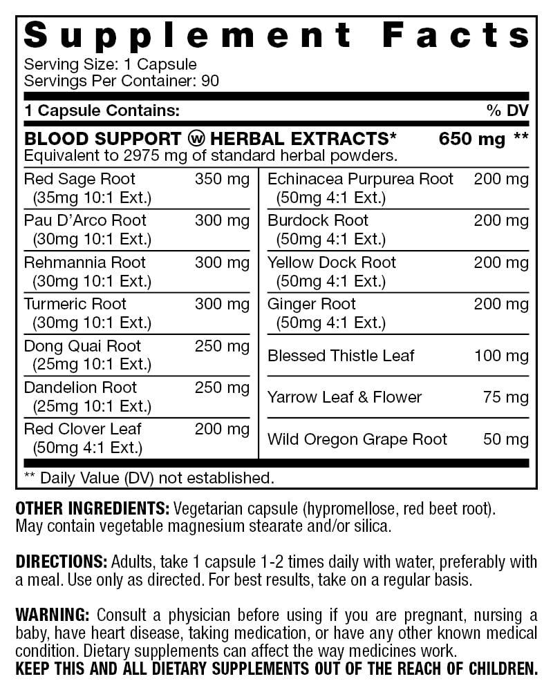 Blood Support - with Rehmannia, Dandelion, Red Clover, Burdock Yellow Dock, Echinacea & Pau D'Arco | Promotes Building, Cleansing, Nourishment & Circulation of Blood | Supplement - 90 Capsules - Image 2