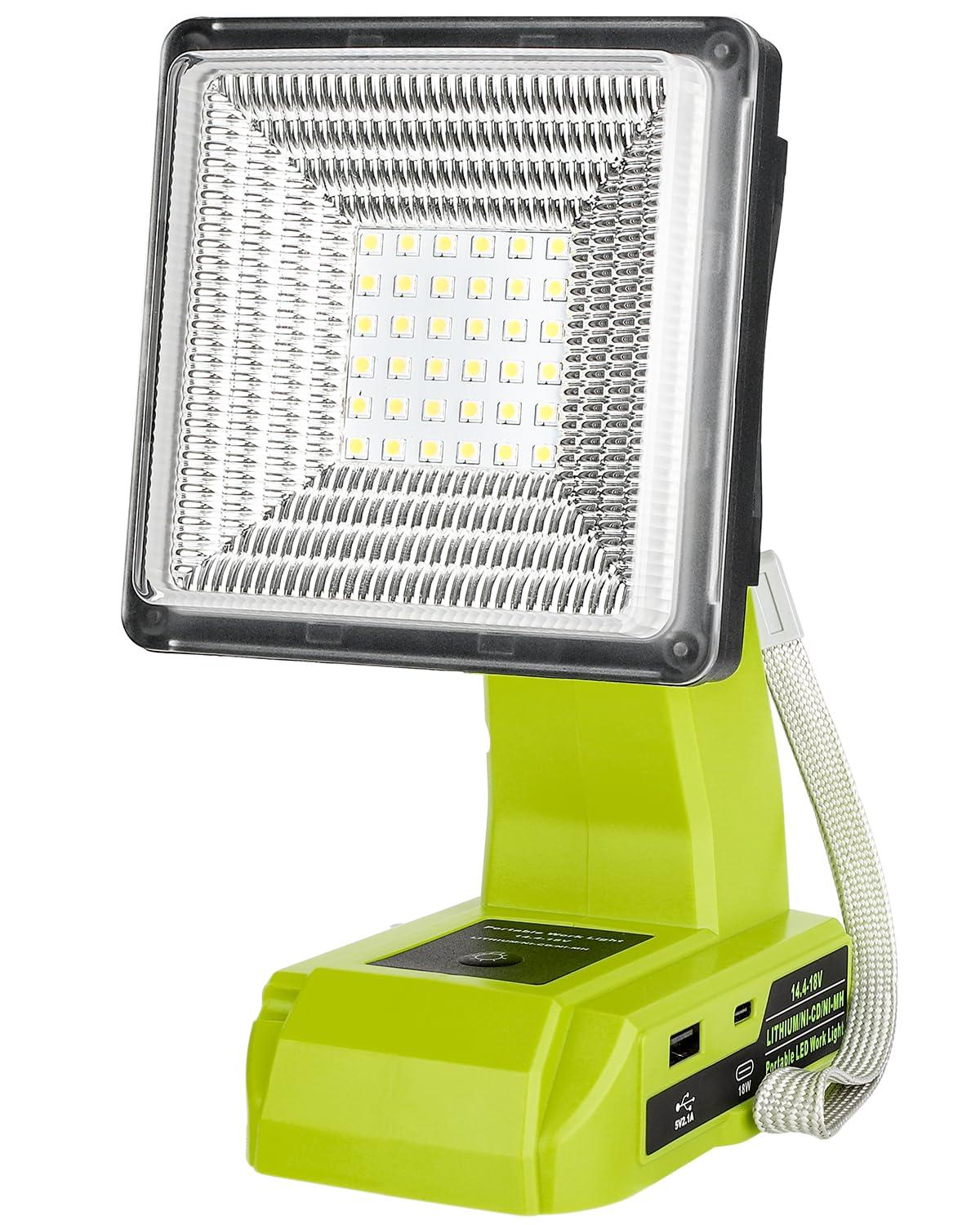Adisipsoarin Cordless LED Work Light for Ryobi 18V Battery, 25W LED Floodlight with USB-A&USB-C 2.1A Fast Charging Ports for Jobsite, Car Repairing, Camping, Emergency