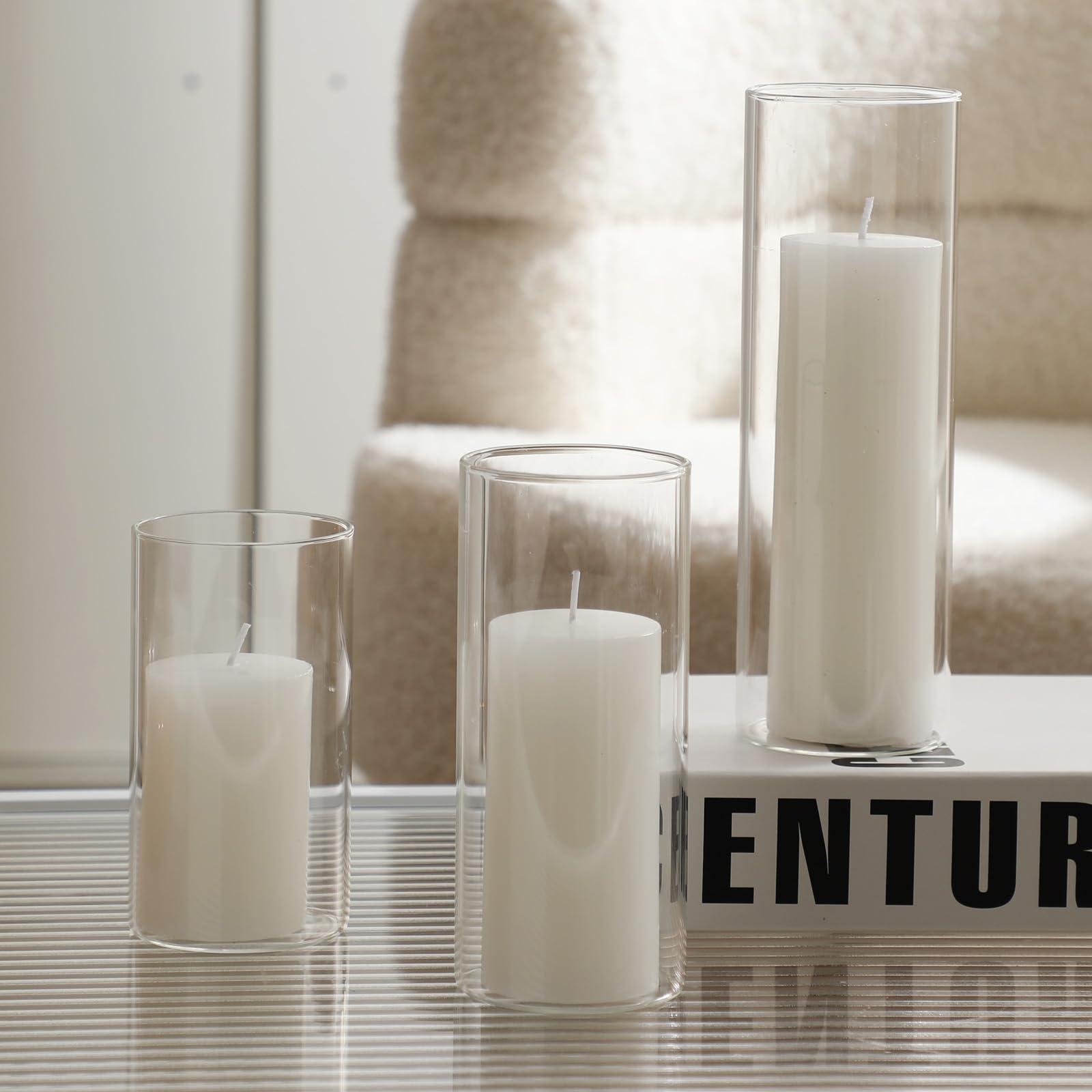 UDU Set of 12 White Pillar Candles and 12 Glass Cylinder Vases Hurricane Holders, Slim Pillar Candle Holder, Cylinder Vases for Centerpieces Wedding Table Party Home Decor(2.6" X 4.7", 5.9", 7.9") - Image 7