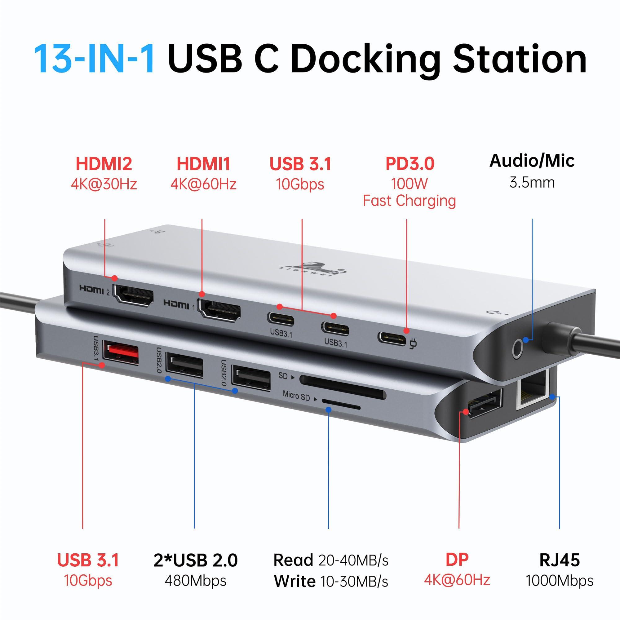 LIONWEI Laptop Docking Station 13 in 1 - Dual HDMI+DisplayPort+10Gbps, 6 USB C/A, 100W PD, Ethernet, SD/TF, Audio, USB C Hub for MacBook/Dell/HP/Surface - Image 2
