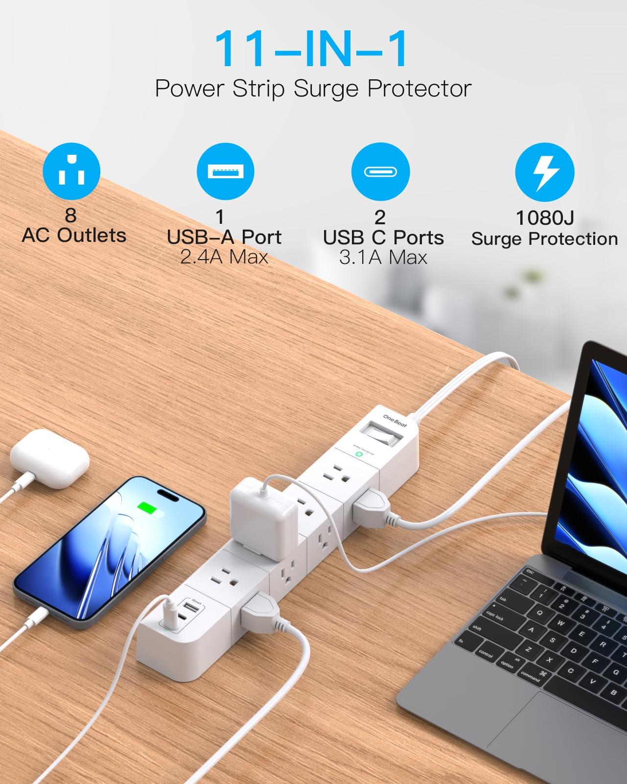 One Beat Extension Cord 15 ft,Surge Protector Power Strip with 8 Widely AC Outlets 3 USB(2 USBC),Flat Plug Power Strip,Desktop Charging Station with Overload Protection for Home,Office,Dorm,ETL Listed - Image 2