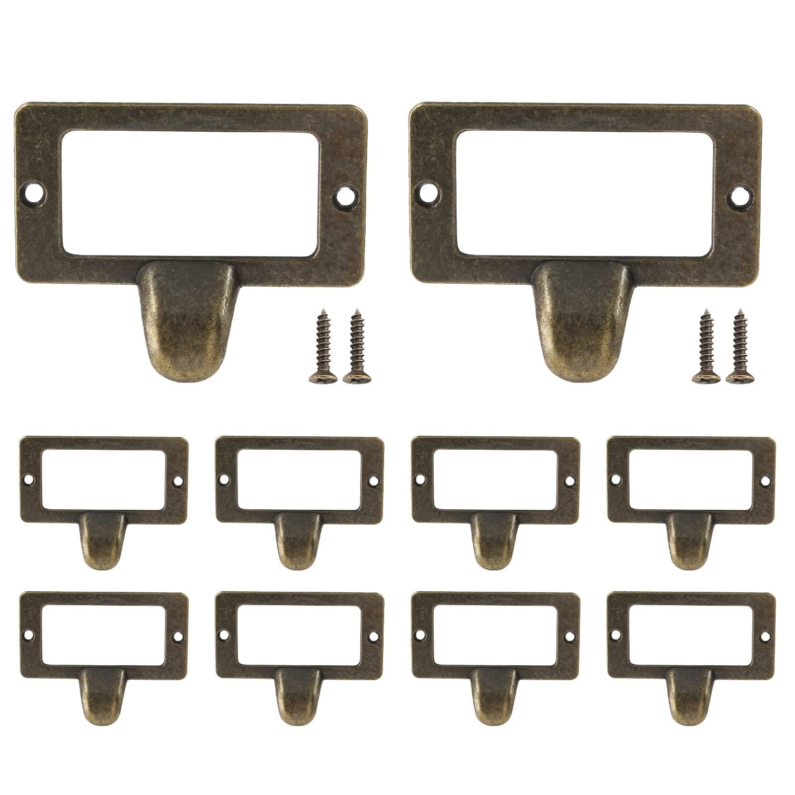 Auvotuis 10Pcs Frame Tag Label Holder Office Library File Drawer Tag, Metal Vintage Cabinet Label Card Pull Handles with Screws for Furniture (Bronze, 2.3 x 1.8 Inch) - Image 7