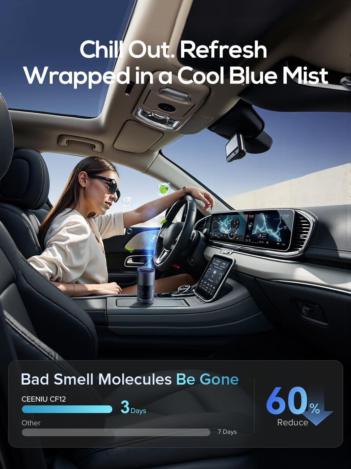 Ceeniu Smart Car Air Freshener, Enlarged Spray Nozzle, Advanced Ultrasonic Diffuser CF12 Pro, Auto On/Off, Adjustable Mode, 60-Day Powerful Battery, Ambient Light, Luxury Cologne Scent, Lasts 4 Months - Image 3