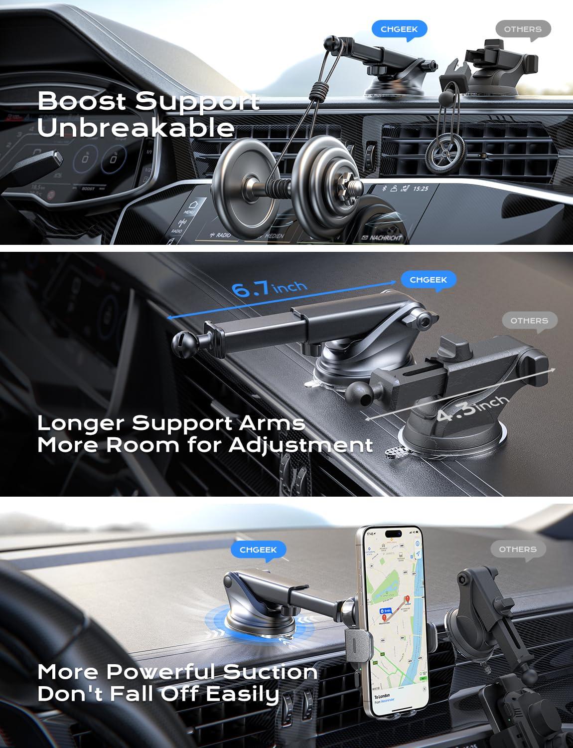 CHGeek Wireless Car Charger, 15W Fast Charging Auto Clamping Car Charger Phone Mount Phone Holder fit for iPhone 16 15 14 13 12 Pro Max 11 XR XS, Samsung Galaxy S24 Ultra S23 S22 S21, S20, S10+, Black - Image 6