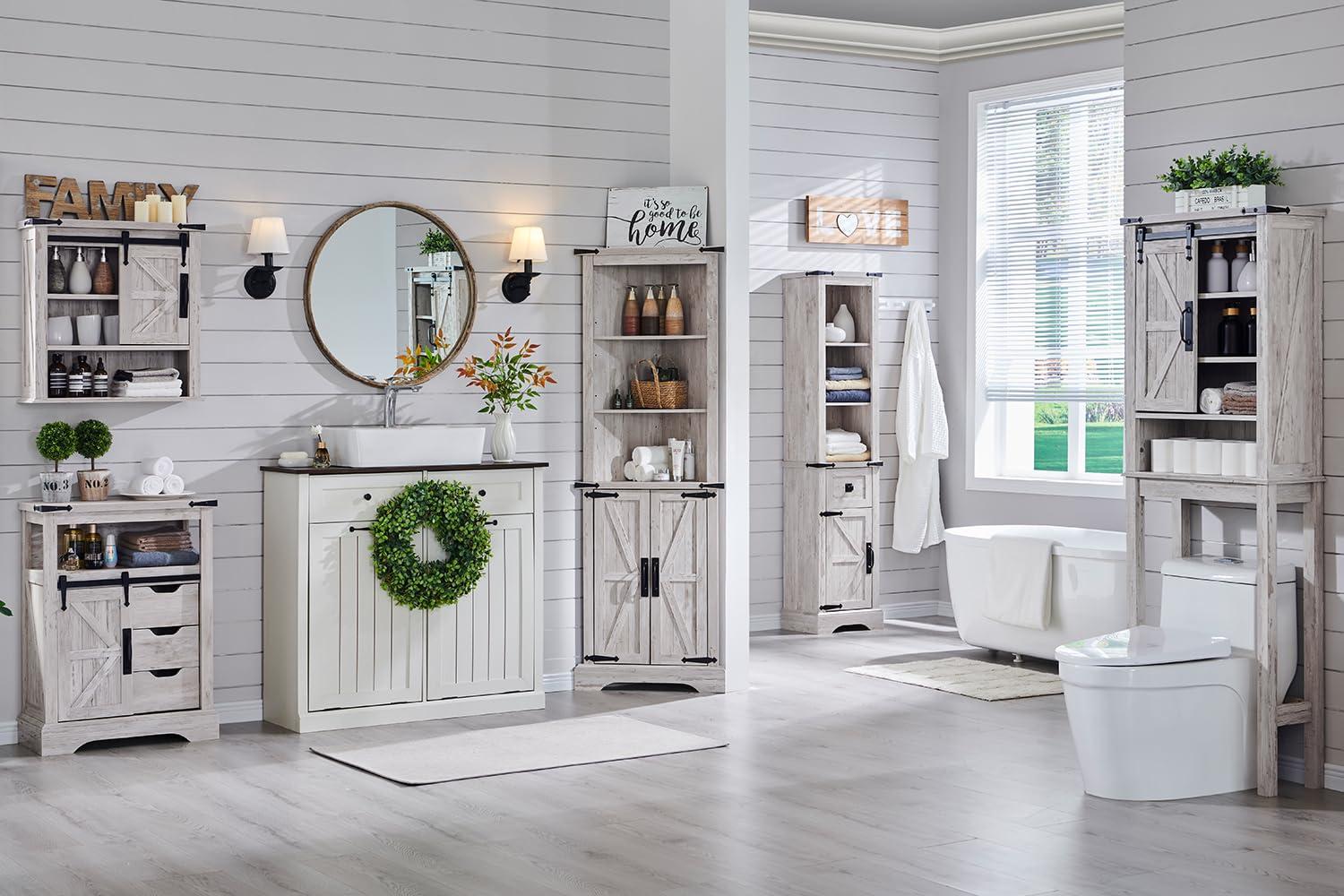 OKD Bathroom Floor Cabinet, Farmhouse Small Storage Cabinet with Sliding Barn Door & Drawers for Bathroom, Kitchen, Living Room, Antique Brush White - Image 3