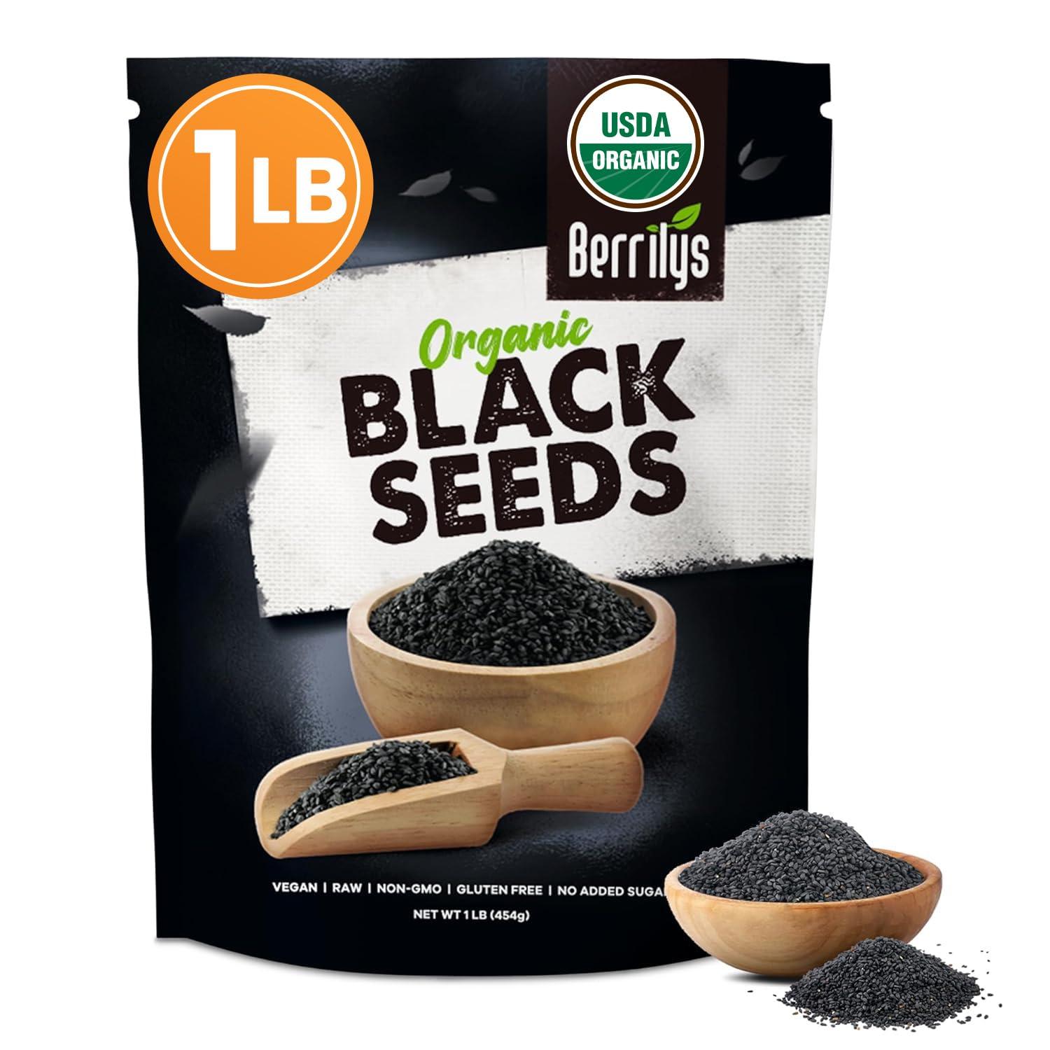 Berrilys Black Cumin Seeds – USDA Certified Organic Nigella Sativa – Kalonji for Baking, Seasoning, and Cooking Dishes – Nutrient-Packed Spice, Versatile Herb for Recipes and Meal Preparation – 16oz