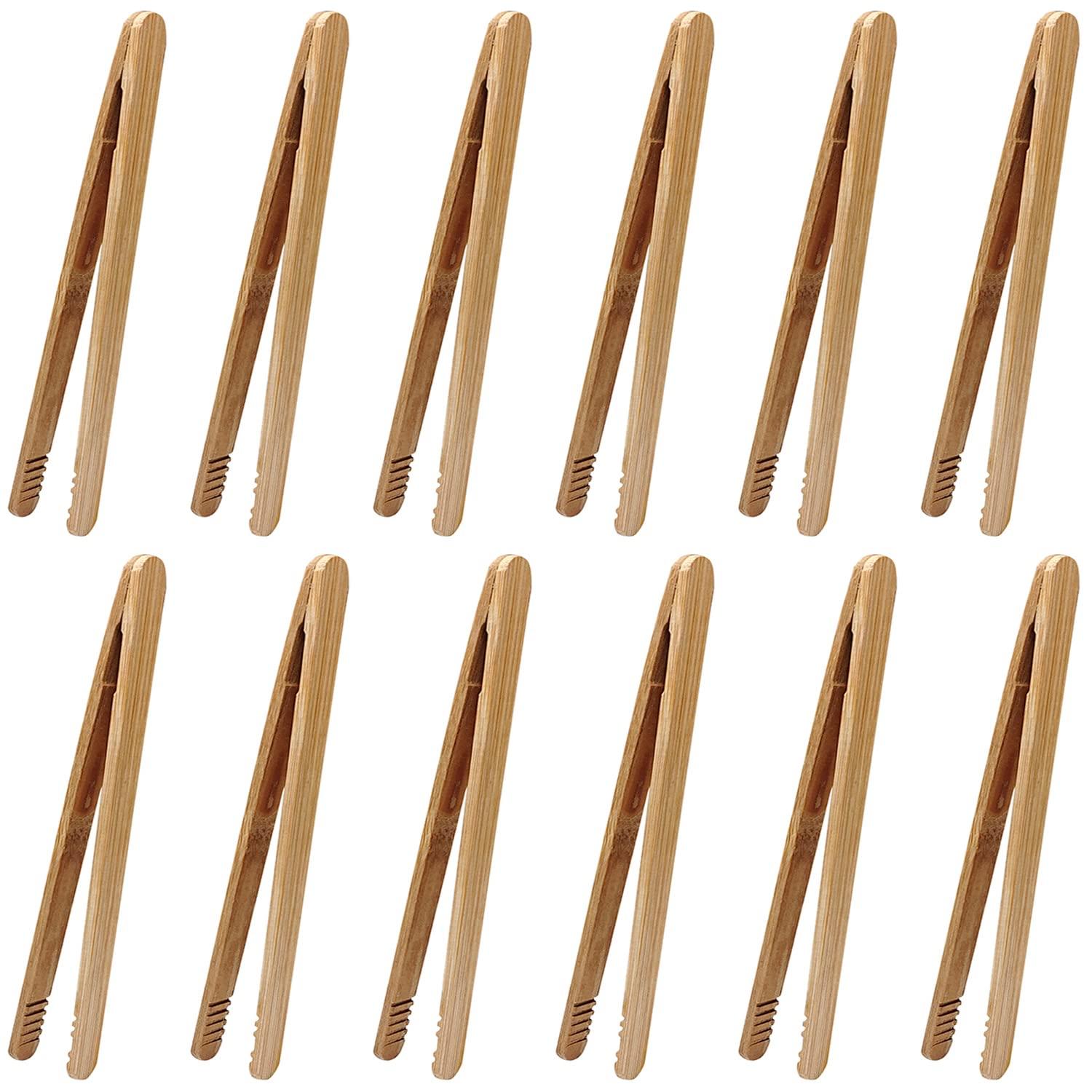 12 Pcs Bamboo Tongs 7 Inch Bamboo Toast Tongs for Serving Pickle Muffin, Cheese Fruits Salad, Toast & Bread