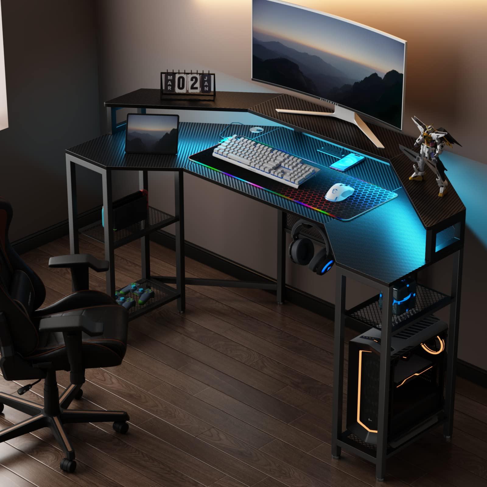 Gyfimoie 63" Computer Desk with Power Outlet & LED Light, Wing-Shaped Gaming Desk with Shelves, Full Monitor Stand,Wireless Charging,RGB Mouse Pad,Headphone Hook, Home Office Desk (Black) - Image 8