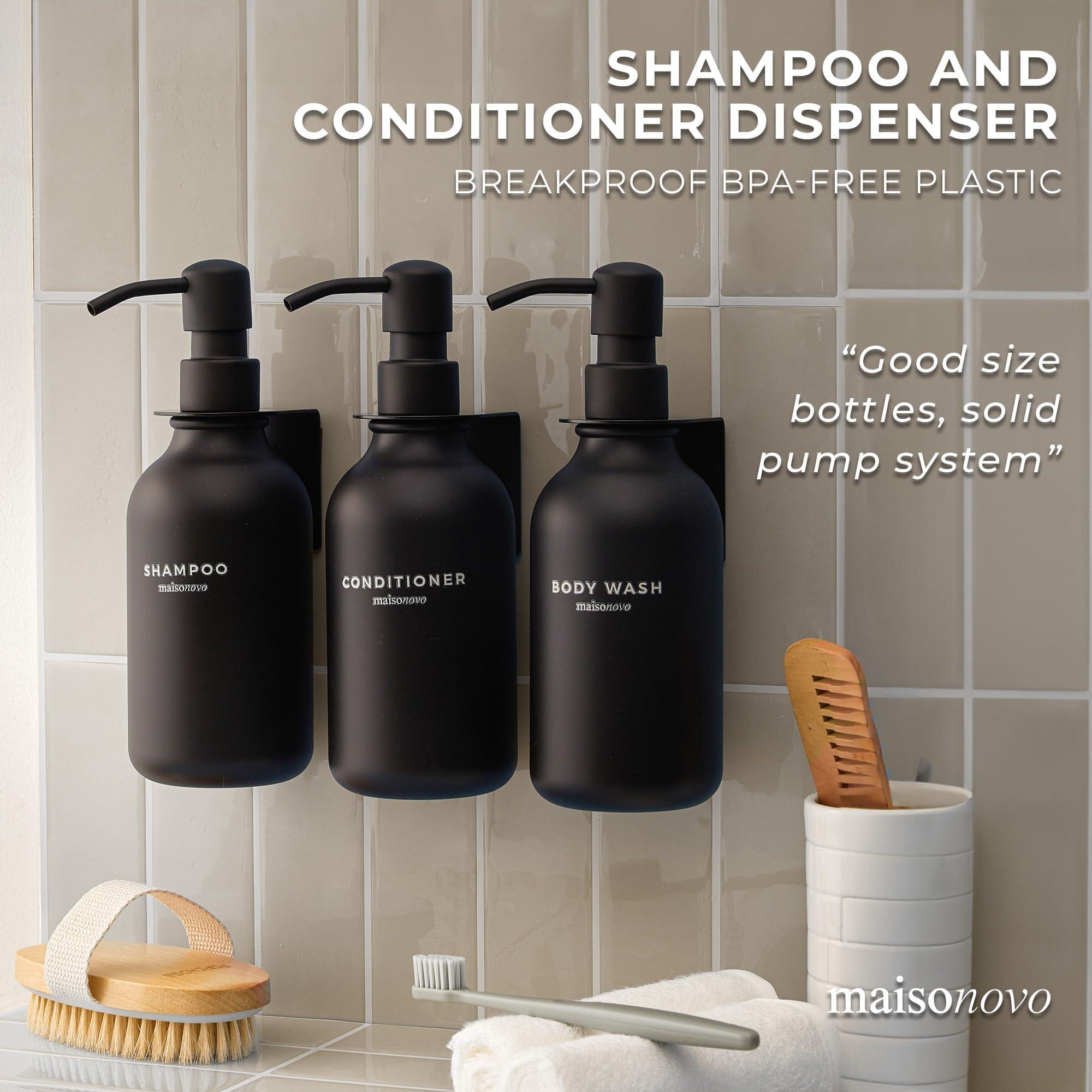 MaisoNovo Shampoo and Conditioner Dispenser - Shower Soap Dispenser Wall Mounted - 16.9 fl oz Set of 3 Black Plastic Bottles Black Pump - Shampoo Dispenser, Shower Dispenser 3 Chamber No Drill - Image 3
