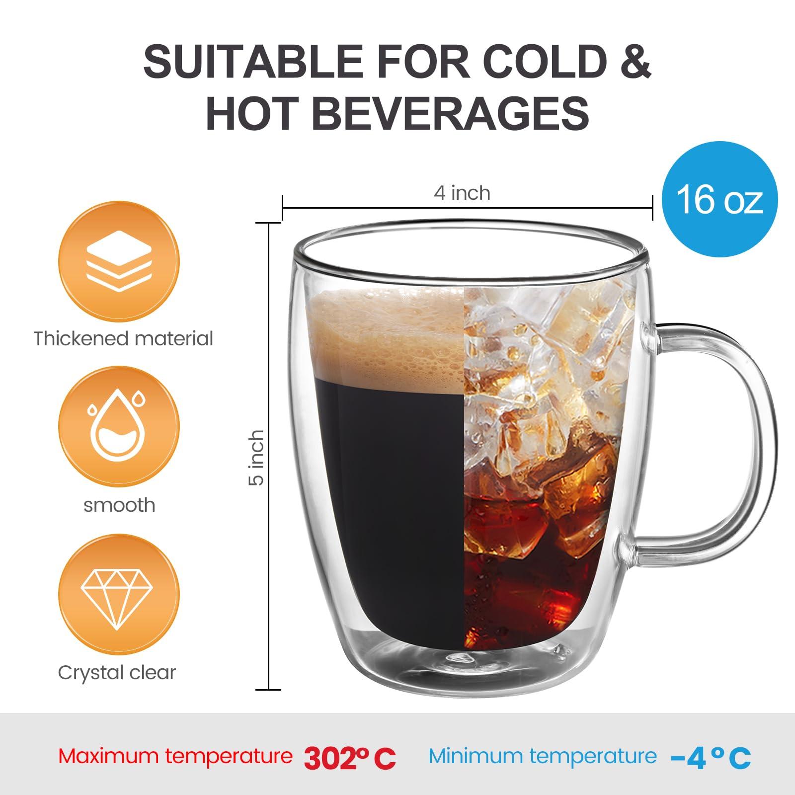 YUNCANG Double Wall Coffee Mugs, (4-Pcak) 16 Ounces-Clear Glass with Handle,lnsulated,Cappuccino,Tea,LatteCups,Beverage Glasses Heat Resistant - Image 3