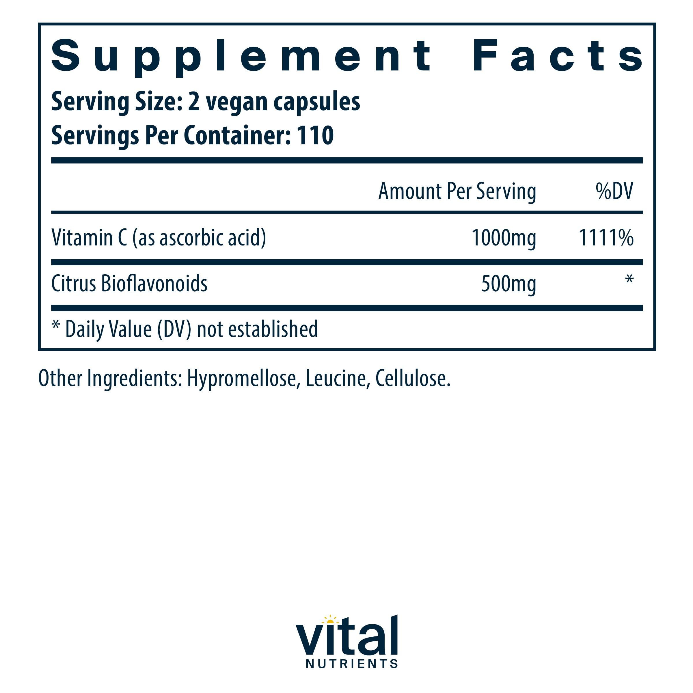 Vital Nutrients Vitamin C with Bioflavonoids | Vegan Supplement for Immune Support* | 1000mg Vitamin C and 500mg Citrus Bioflavonoid | Gluten, Dairy and Soy Free | Non-GMO | 220 Capsules - Image 2