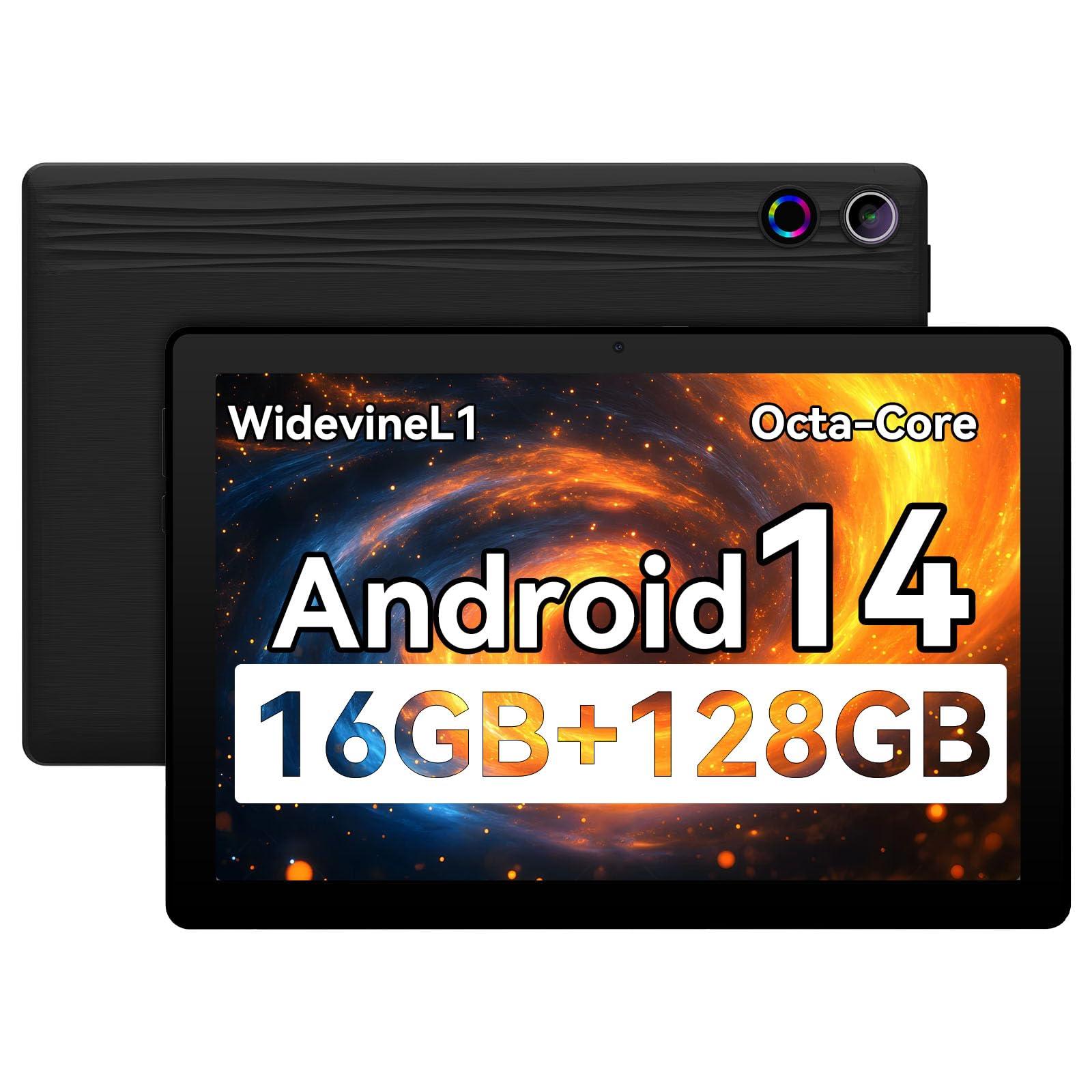 UGRIHACH Tablet, Android Tablet, 16GB RAM 128GB ROM 1TB Expansion, 8-Core Processor, Android 14,10.95 inch 1280x800 FHD Touch Screen, Widevine L1, Dual Camera, WiFi6, BT5.3, 6800mAh Battery,Black