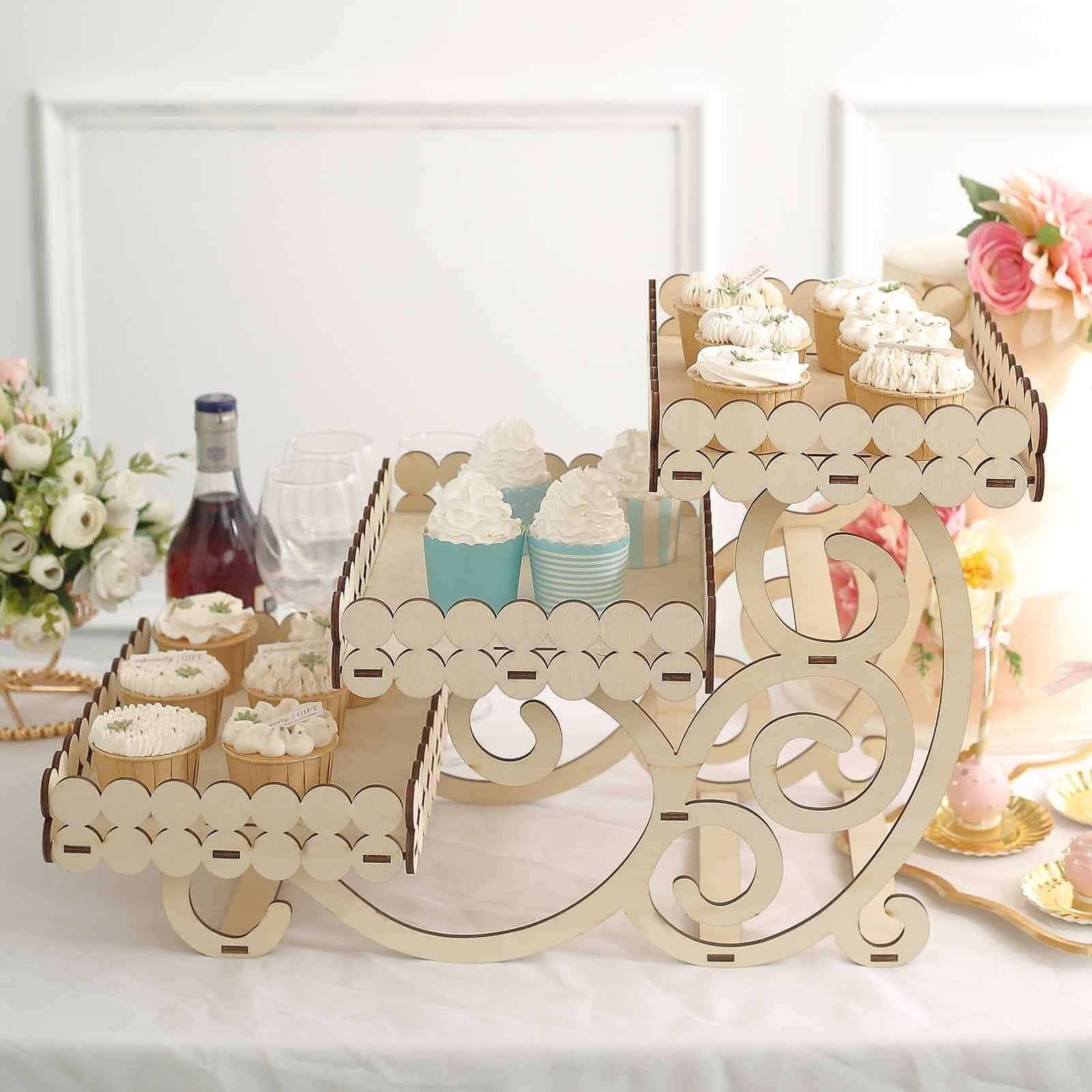 Efavormart 3-Tier 22" Natural Wooden Laser Cutout Dessert Serving Platter Display, Rectangular Cupcake Stand Mini Cake Tray - Image 3