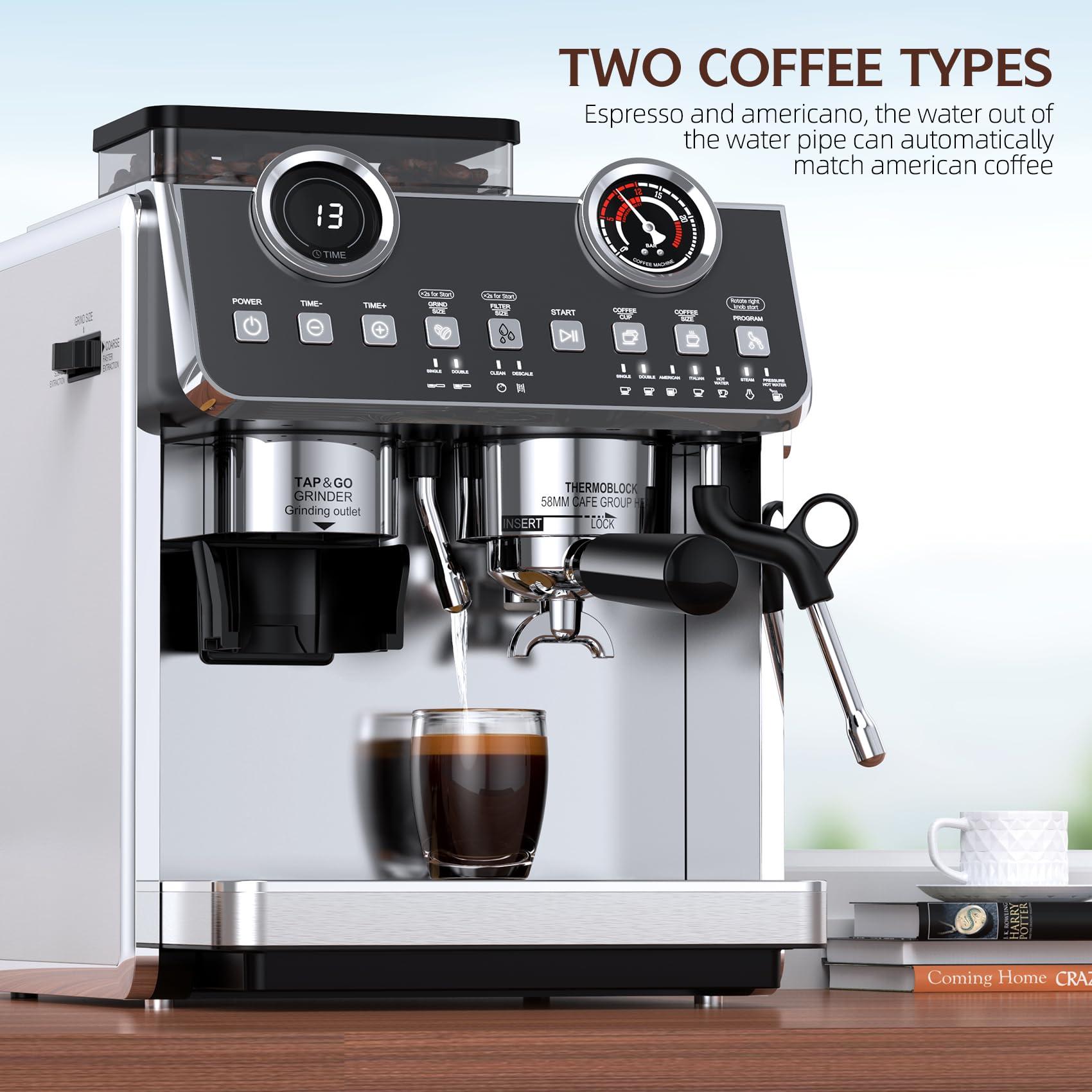 QJA Espresso Machine with Grinder, 20 Bar Pressure Professional Espresso Maker with 30 Grinding Settings, 58mm Portafilte, Anti-scalding Milk Frother Steam Wand for Latte Cappuccino (Stainless Steel) - Image 8