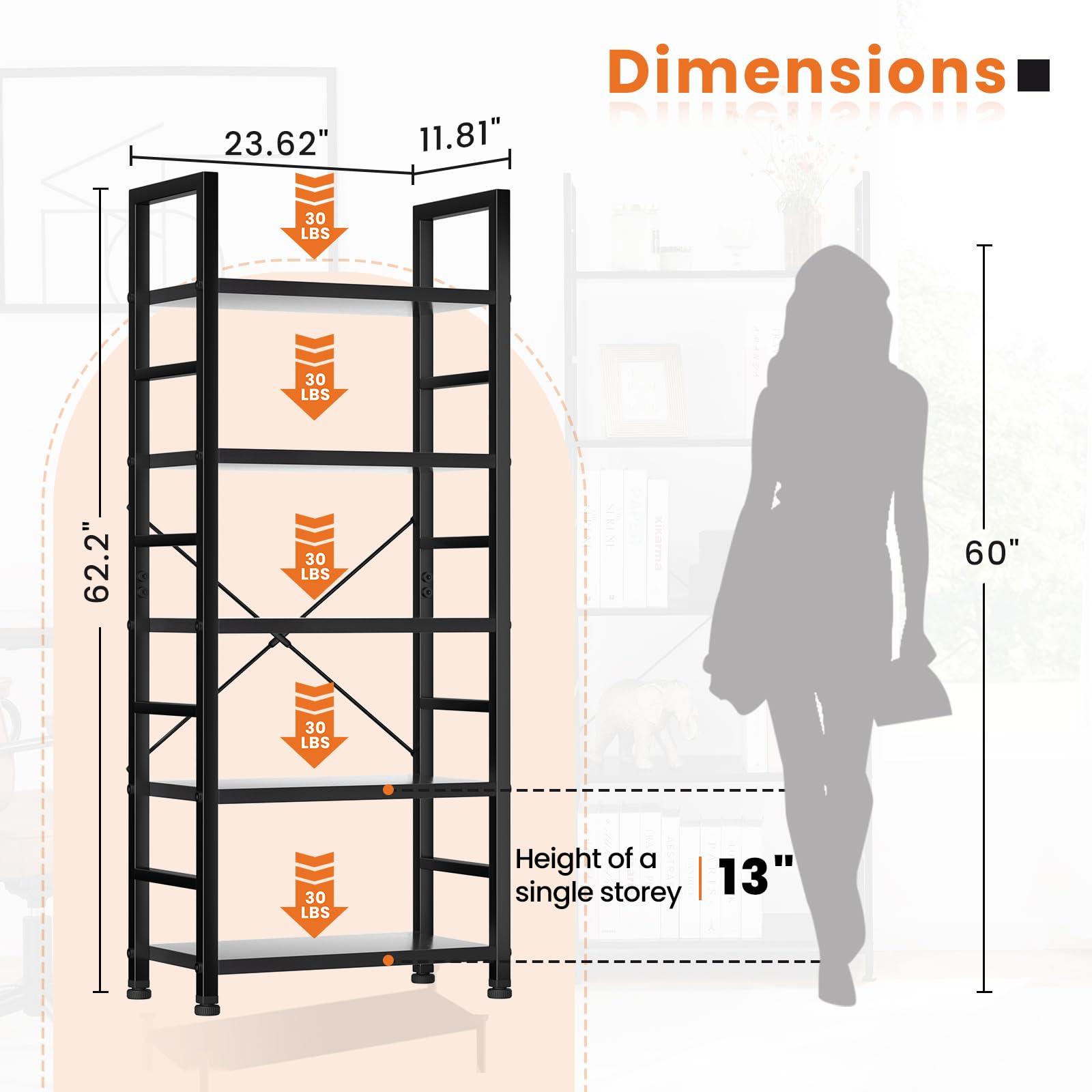 Sweetcrispy Book Shelf, 5 Tier Bookcase, Modern Tall Bookshelf for Garage Kit, CDs, Movies, Industrial Corner Storage Organizer for Bedroom Home Office Kitchen Living Room, Black - Image 3