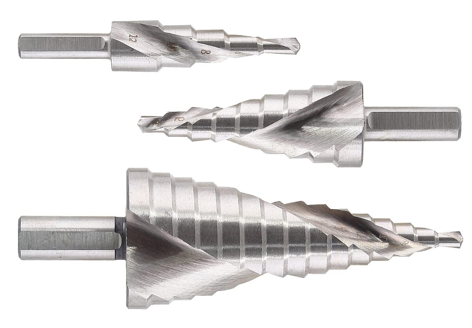Aracombie 3pcs Metric Step Drill Bits for Metal, High Speed Steel Spiral Step Drill Bit, Unibit Step Drill Bit for Stainless Steel Aluminum Metal Wood (4mm-12mm, 4mm-20mm, 4mm-32mm)