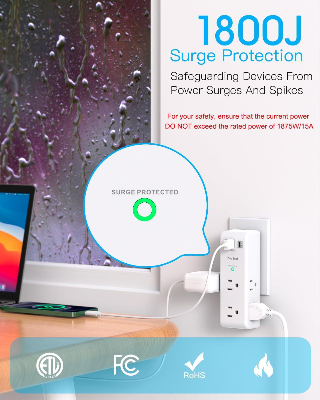 Surge Protector Outlet Extender with Rotating Plug - One Beat 6 AC Multi Plug Outlet with 3 USB Ports (1 USB C), 1800J Wall Charger, 3-Sided Power Strip Spaced Outlet Splitter for Home Office Travel - Image 6