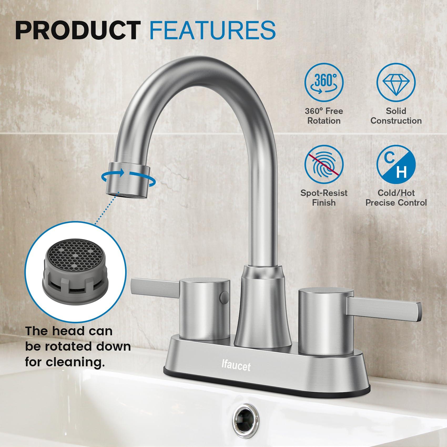 Bathroom Faucets, Bathroom Faucet 3 Hole, Bathroom Sink Faucet, Faucet for Sink 4 Inch 2 Handle Centerset, Lead-Free, with Copper Pop Up Drain (Brushed Nickel) - Image 4