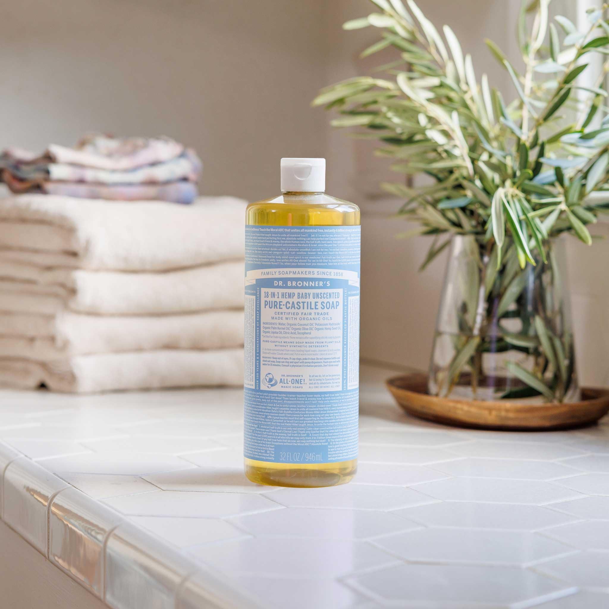 Dr. Bronner's Pure Castile Liquid Soap - Made with Regenerative Organic Certified Oils - 18-in-1 Uses for Face, Body, Hand Gentle on Baby & Sensitive Skin Body Wash Unscented,32oz - Image 6