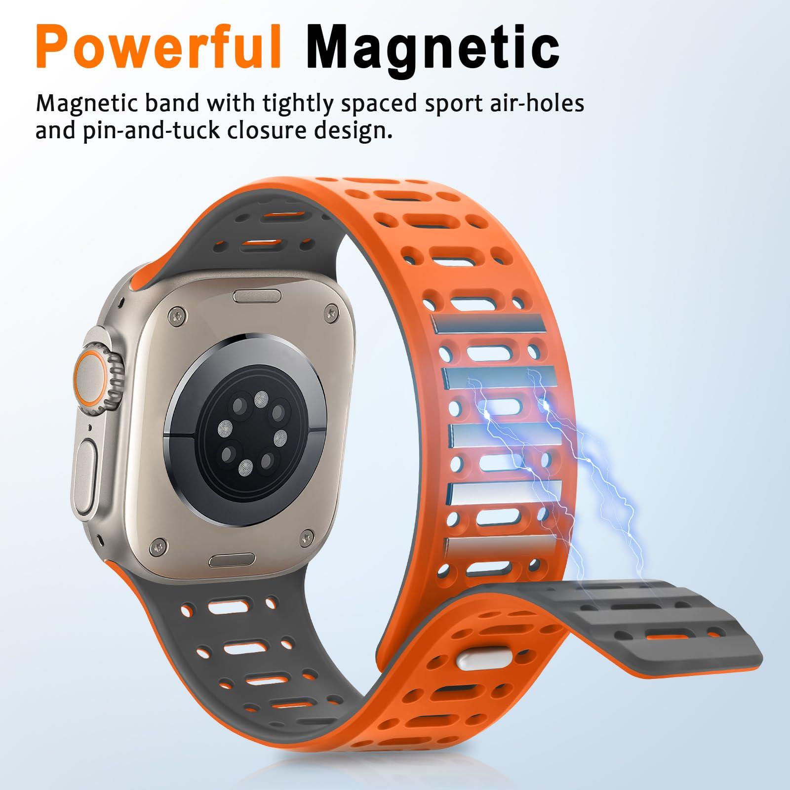 ZZDZZ Compatible with Apple Watch Band 49mm 46mm 45mm 44mm 42mm 41mm 40mm 38mm, Magnetic Silicone Sport Breathable Strap for iWatch Ultra 2 SE Series 10 9 8 7 6 5 4 (49/46/45/44/42mm, Orange/Gray) - Image 4