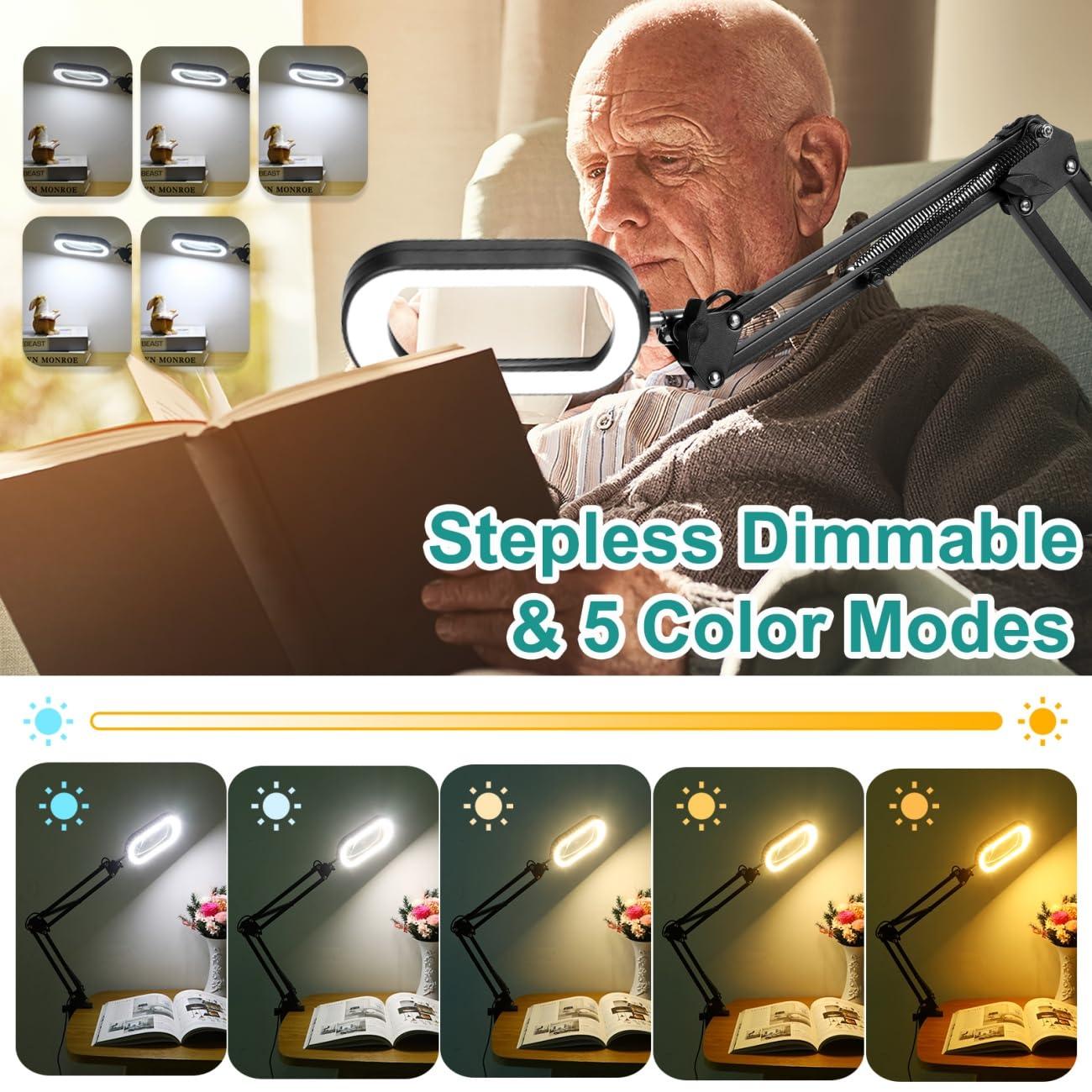 IVMAIE 10X Rectangle Magnifying Glass with Light, 5 Color Modes Stepless Dimmable Magnifier with Stand, LED Lighted Clamp Desk Lamp with Swing Arm, Hands Free for Reading Painting Crafts Close Work - Image 3