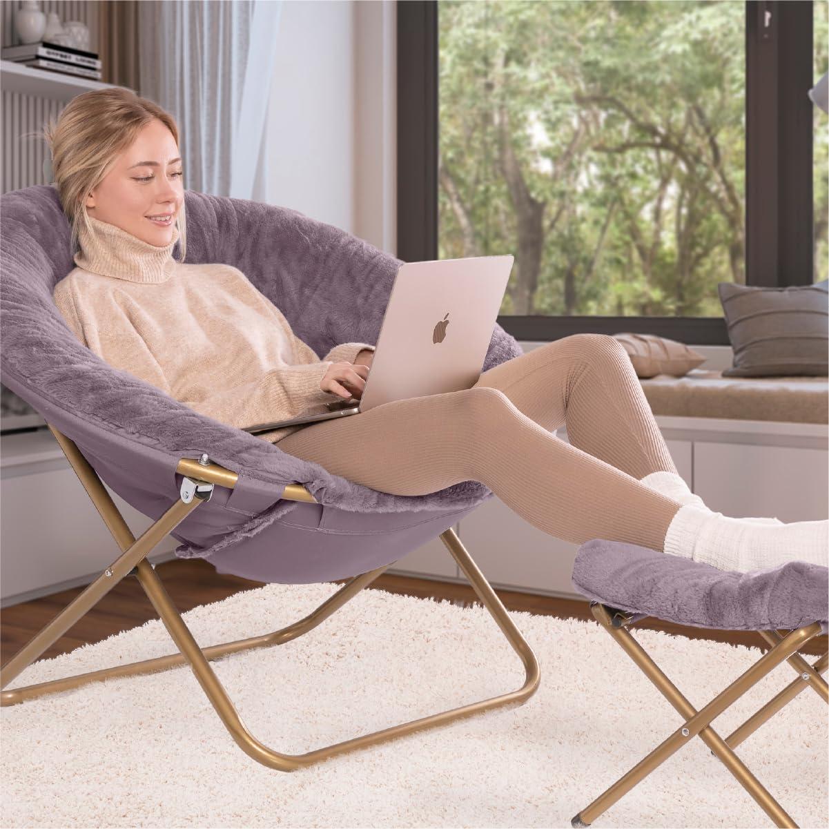 Milliard Cozy Chair with Footrest Ottoman/Faux Fur Saucer Chair for Bedroom/X-Large (Purple) - Image 5
