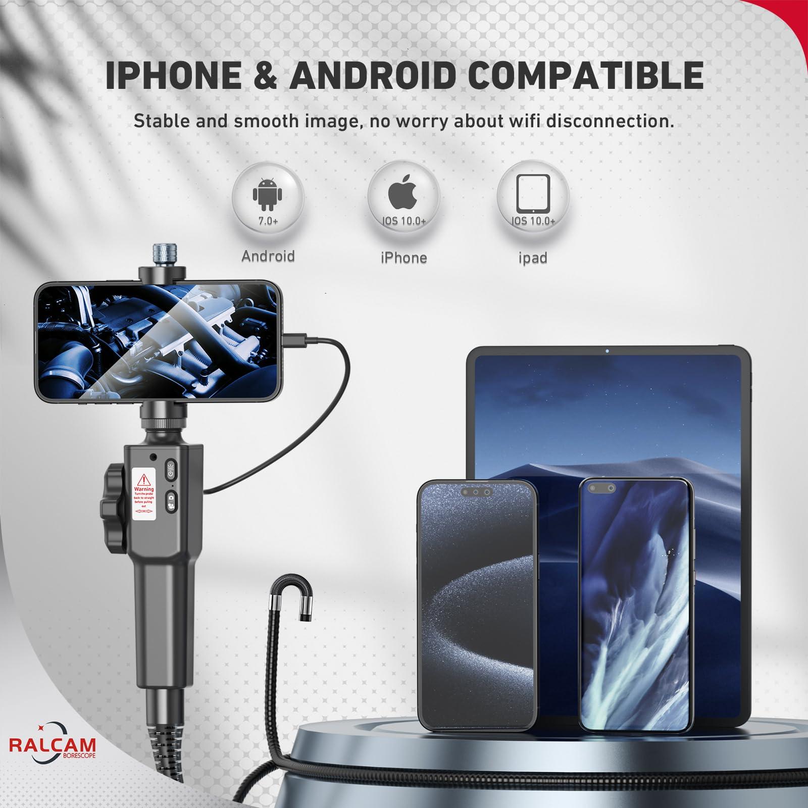 Ralcam Articulating Borescope, Industrial Endoscope Inspection Camera for Android and iOS Smartphone, 8.5mm HD 1080P with 10FT Semi Rigid Cable - Image 3