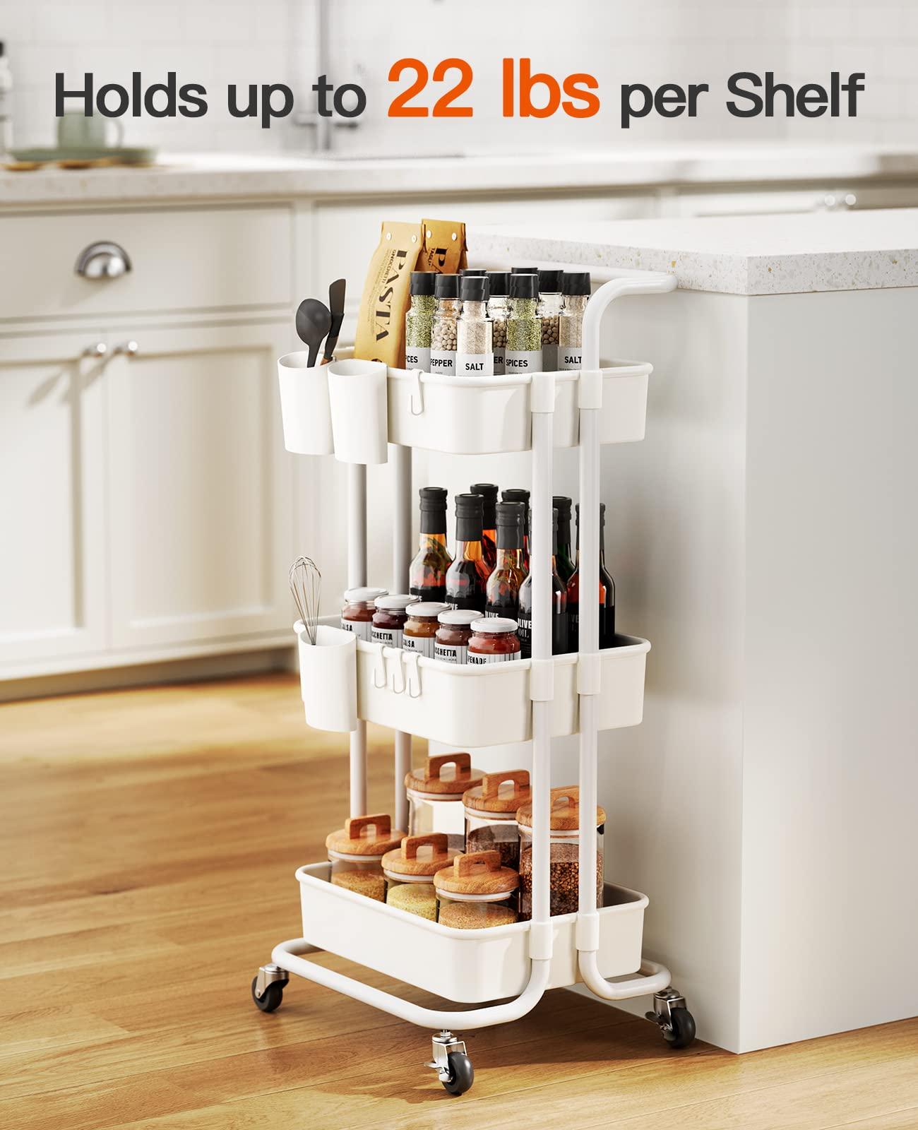 Pipishell 3-Tier Rolling Cart with Wheels - Rolling Storage Cart with Hanging Cups & Hooks - Mobile Utility Cart for Office, Kitchen, Craft Room - Art & Craft Organizer, White, PIUC06W - Image 2
