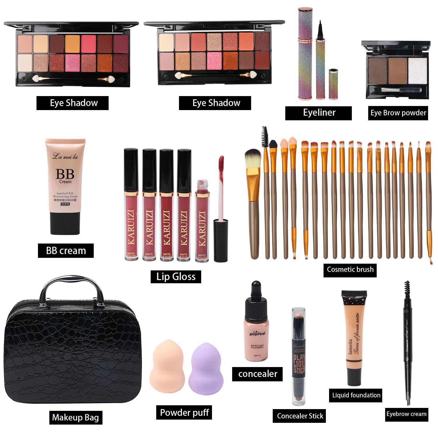 MTDXILTAI All in One Makeup Kit - 2X14 Eyeshadow Palette, Liquid Foundation, Eyeliner Pencils, Contouring Stick, Lip Gloss, 20Pcs Makeup Brushes (Black) - Image 2