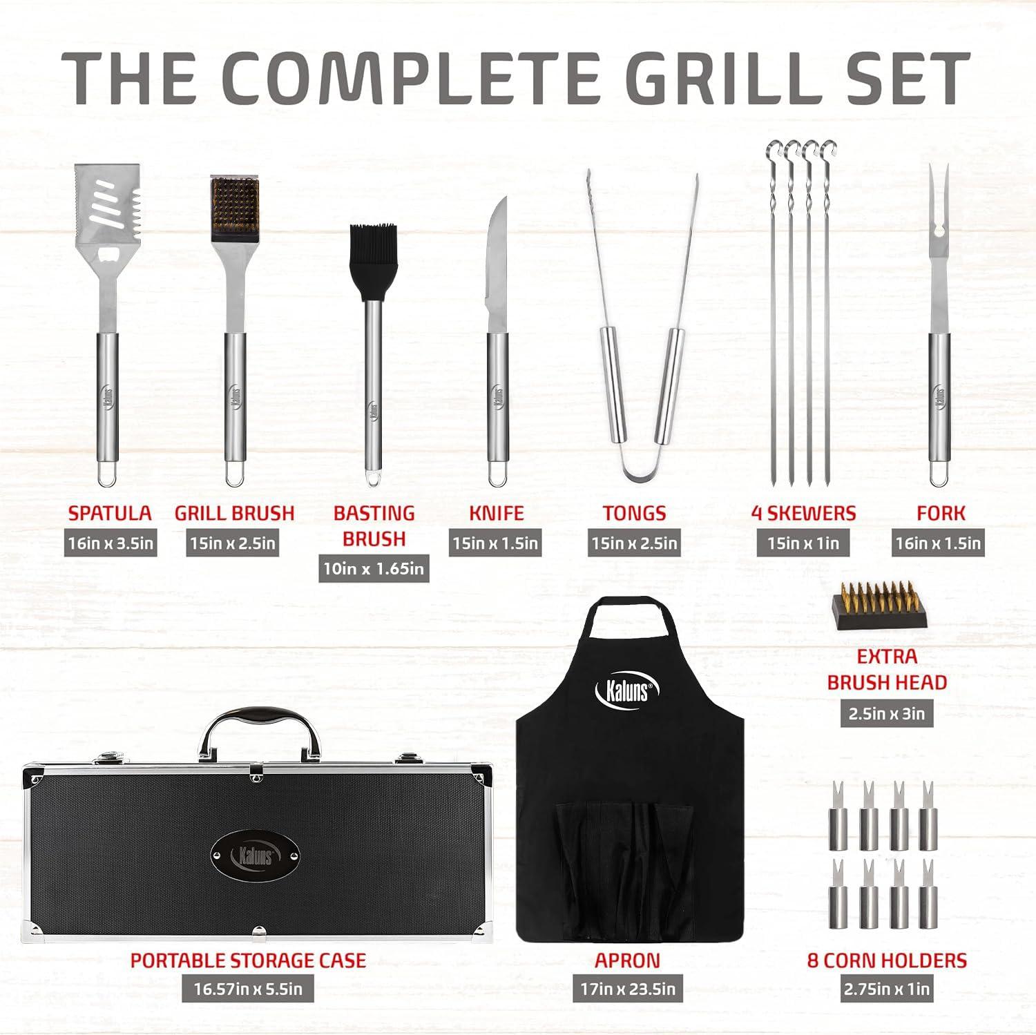 Kaluns Grilling Accessories, Dad Gifts for Fathers Day Grilling Gifts, Heavy Duty Stainless Steel BBQ Grill Tools Set for Outdoor Grill with Aluminum Case and Apron, Dad Birthday Gifts for Men Husband - Image 4