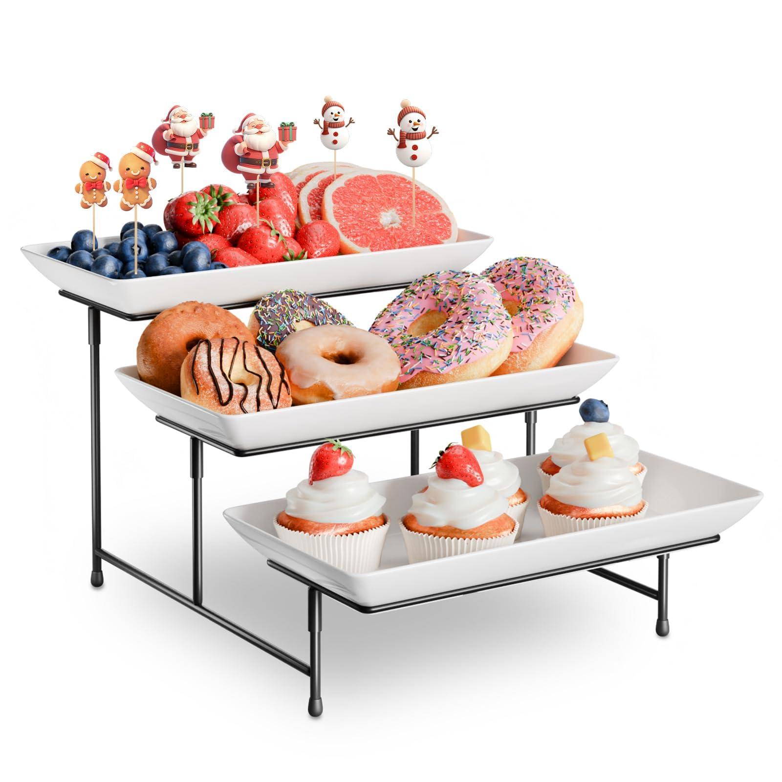 3 Tier Plastic Serving Tray for Party, 11.5" x 5.6" Platters for Serving Food, Microwave-Safe, White Reusable Trays with Black Metal Display Stand for Cupcakes, Sevring Food, Dessert, Fruit, Black