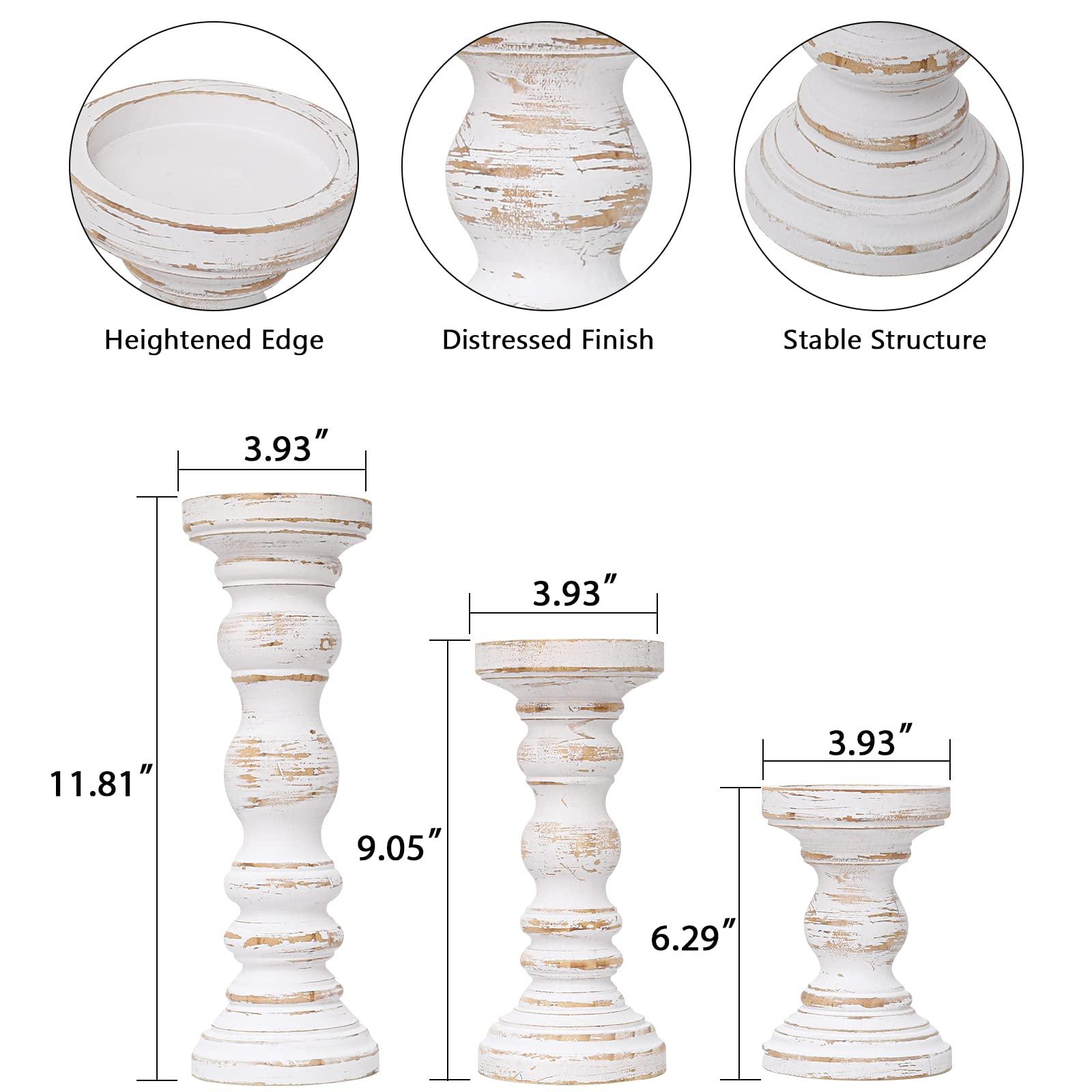 SwallowLiving Rustic Farmhouse Wood Pillar Candle Holder Set of 3 for Candlestick, White - Image 3