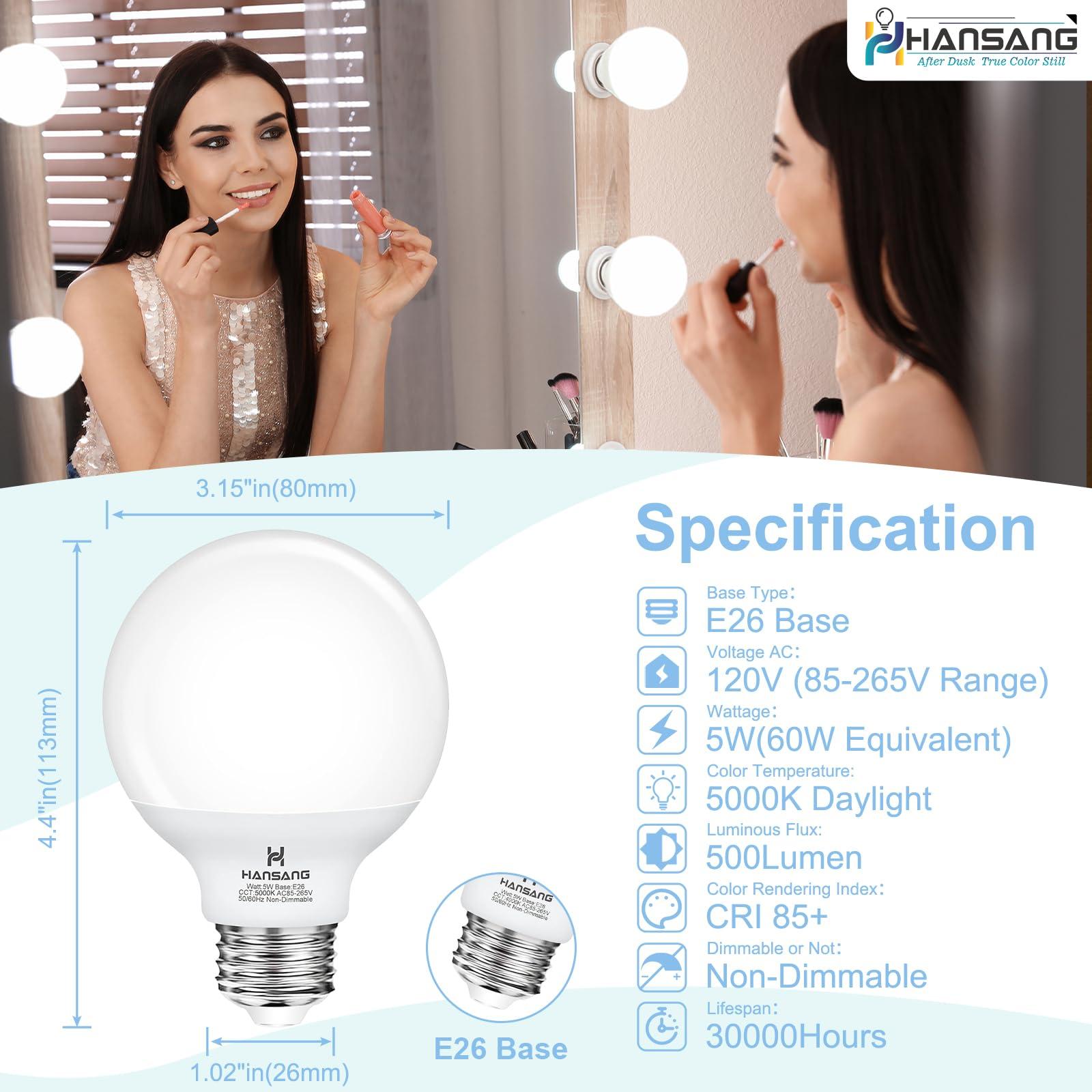 hansang G25 LED Globe Light Bulbs, 60W Equivalent, 5000K Daylight Bathroom, E26 Base, Eye-Friendly Vanity Round, Perfect for Vanity Makeup Mirror, 120V CRI85+ Non-Dimmable 4Pack - Image 2
