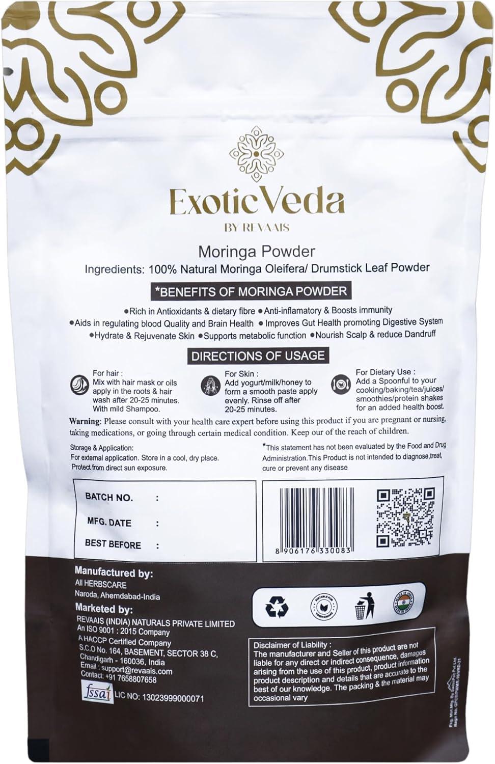 Exotic Veda Premium Quality Moringa Powder (100g/3.52Oz) - 100% Pure, Vegan, Gluten-Free, Non-GMO - Suitable for Smoothies, Baking, Cooking, and Homemade Skincare - Image 2