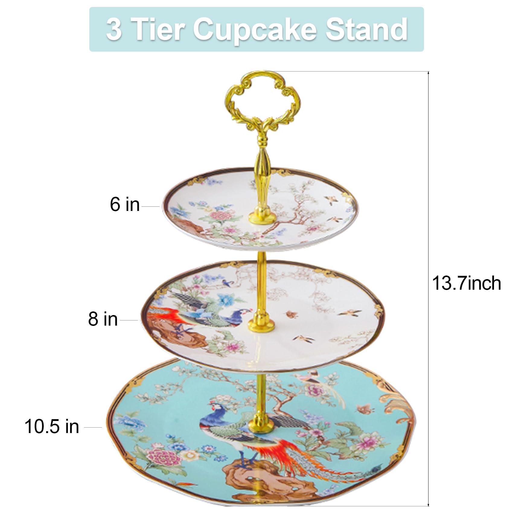 ACMLIFE 3-Tier Afternoon Tea Stand Porcelain Serving Stand Cupcake Stand Vintage Floral 3-Tier Tray Stand Light Blue Bone China Cake Stand for Tea Parties and Dessert Displays (Blue3) - Image 3