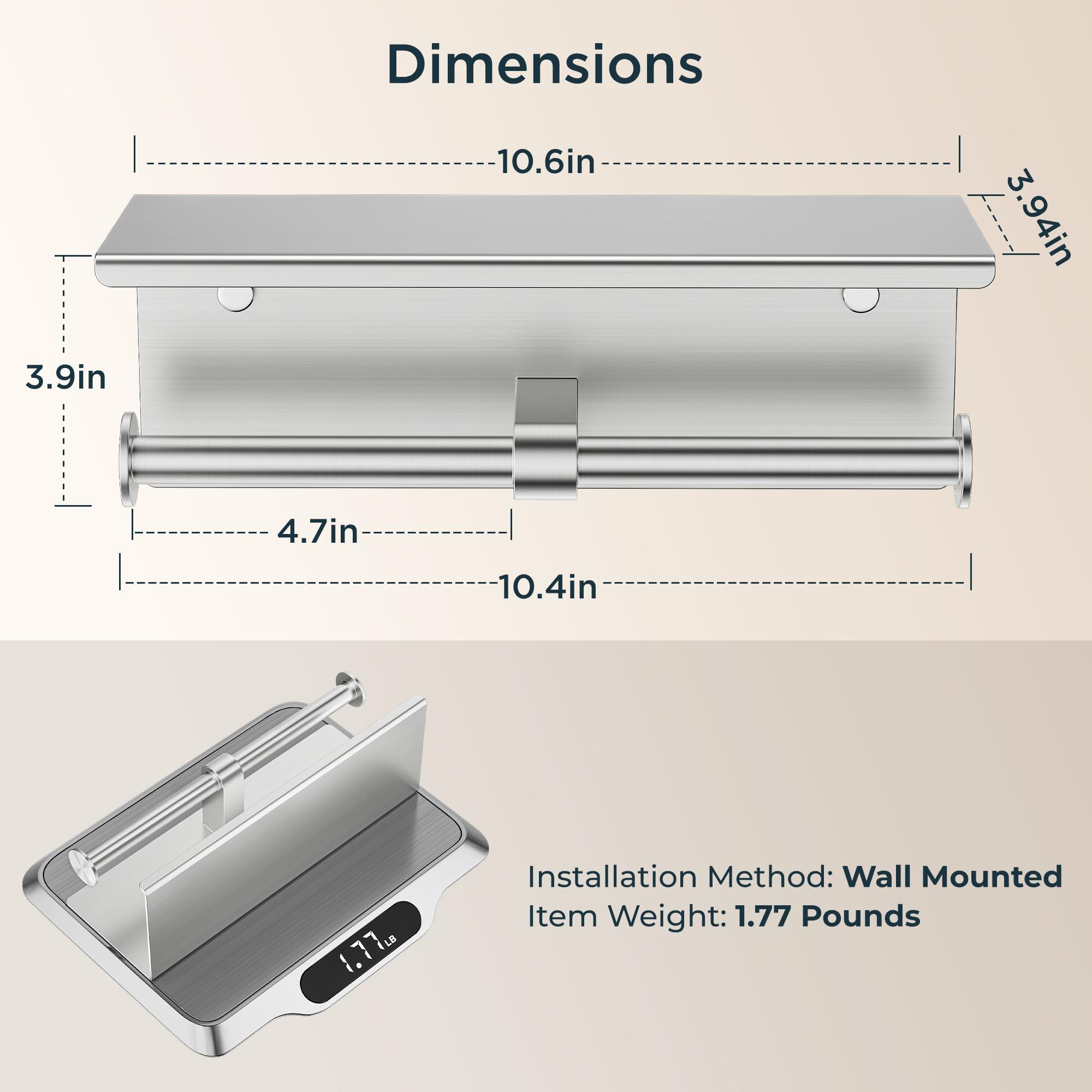 FORIOUS Double Toilet Paper Holder with Shelf, Wall Mount Tissue Roll Holder for Bathroom, 304 Stainless Steel Commercial Toilet Paper Dispenser with Phone Shelf, Brushed Nickel - Image 3
