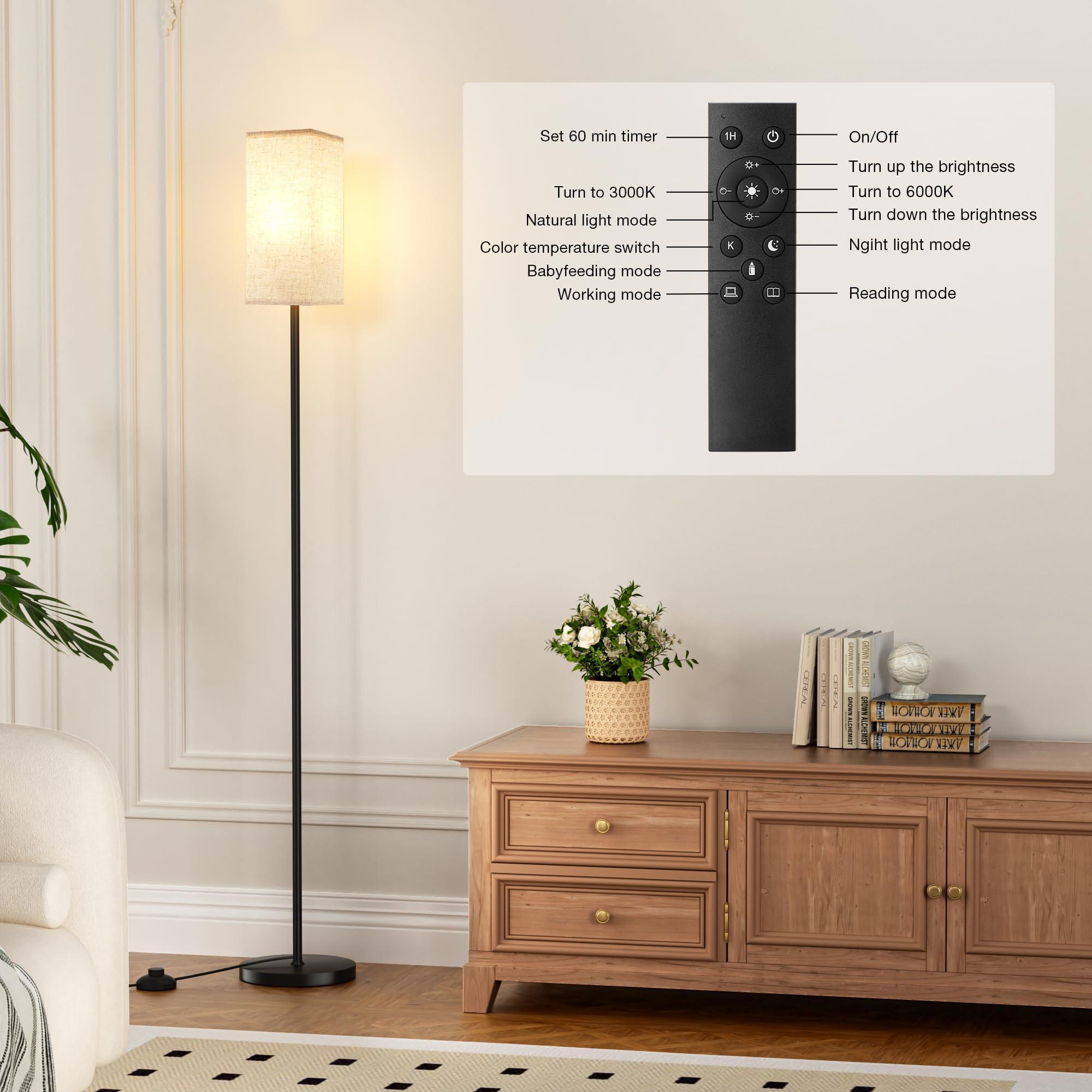 Ambimall Floor Lamps for Living Room & Remote Control, 9W Stepless Dimmable Bulb, Foot Switch, 64'' Tall Standing Lamp, Beige Lampshade(Black) - Image 4