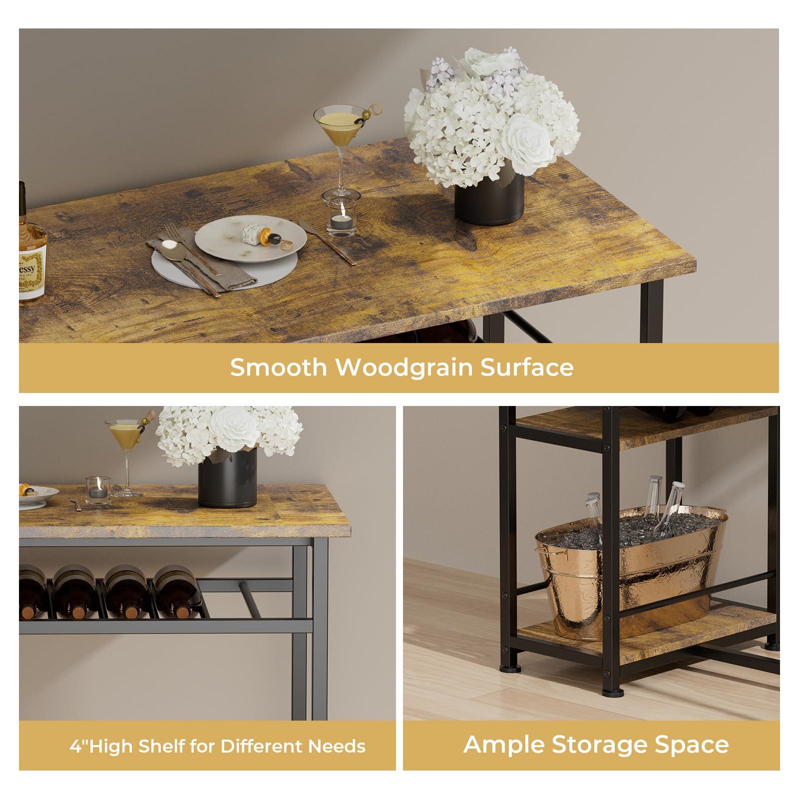 COMHOMA Dining Table Set for 2, Counter Height Kitchen Table and Chairs with Storage Shelves & Wine Rack, Bar Table Set with 2 Bar Stools, 3 Piece Dining Room Table Set for Small Space, Retro Brown - Image 5