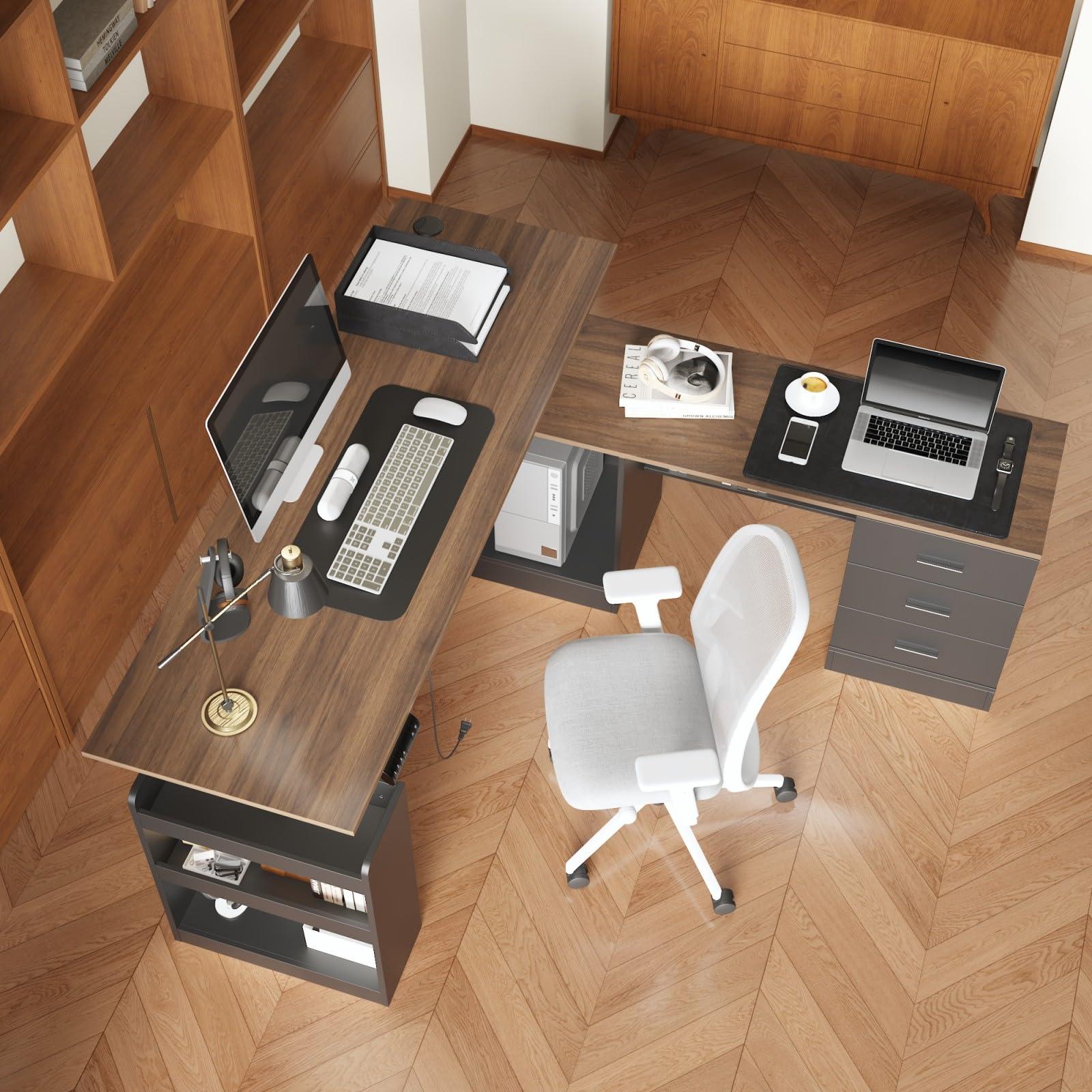 MOUMON Electric Standing Desk with Drawers and Shelves, Executive Adjustable Height Desk, L-Shaped Design, 63 inch Tabletop, for Office Deep Brown and Black (63”W x 63”D x 28.4-45.8”H)