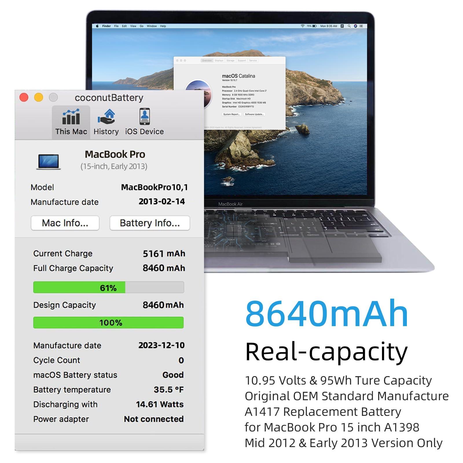 JGTM A1398 Battery Replacement, A1417 Battery for MacBook Pro 15 inch Early 2013 Mid 2012 Released Version A1398 EMC 2673 2512 Model Identifier: MacBookPro10,1 - Image 2