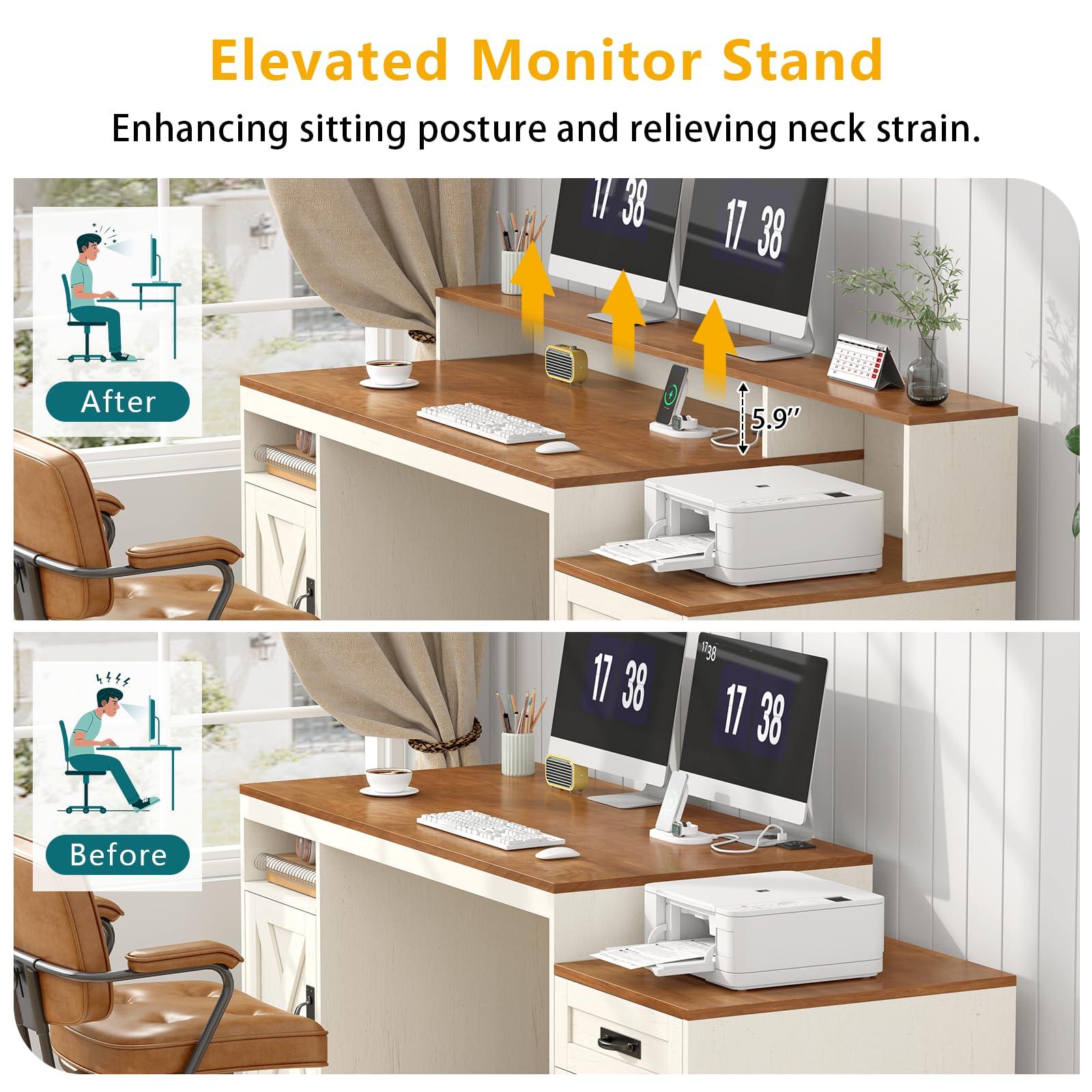 TVU Farmhouse Computer Desk with Drawers, 65'' Home Office Desk with Power Outlets, Storage Cabinet and Printer Stand, Study Writing Desks with Long Monitor Stand, White - Image 7