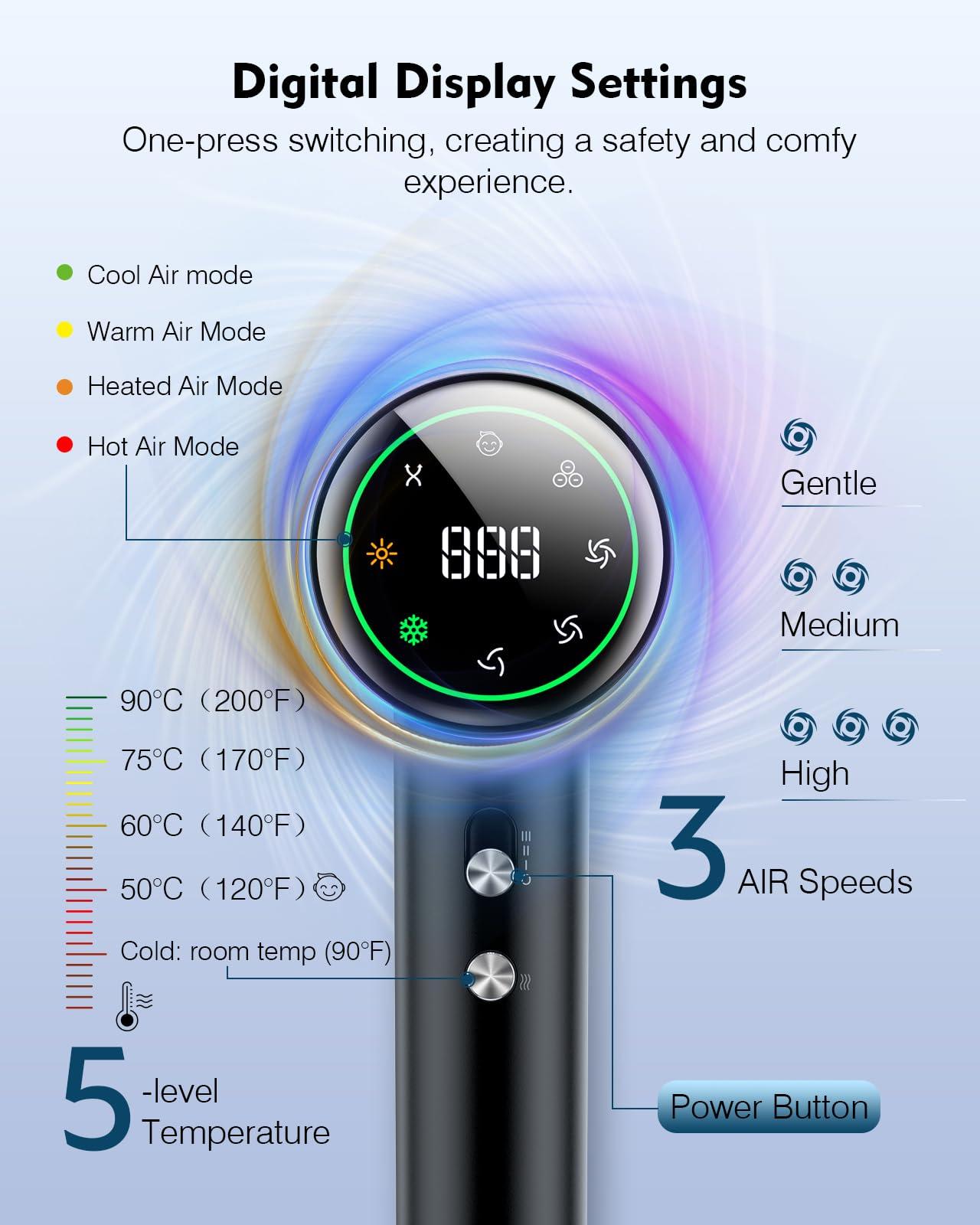Hair Dryer,160000 RPM High Speed Blow Dryer with 200 Million Negative Ionic, Low Noise Thermo-Control Professional Hair Dryer with Diffuser and Nozzle,Portable Hair Blow Dryer for Home Travel - Image 2
