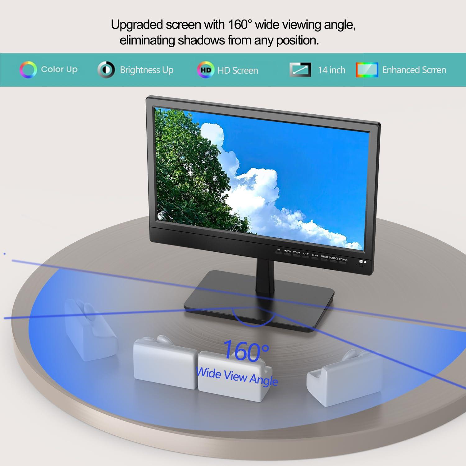 Feihe 14 inch Flat Screen Kitchen TV, RV, Camping, Outdoor, Small, ATSC Tuner, USB, HDMI, AV, VGA, Built-in TV Stand, Remote Control, for Bedroom, Office - Image 4