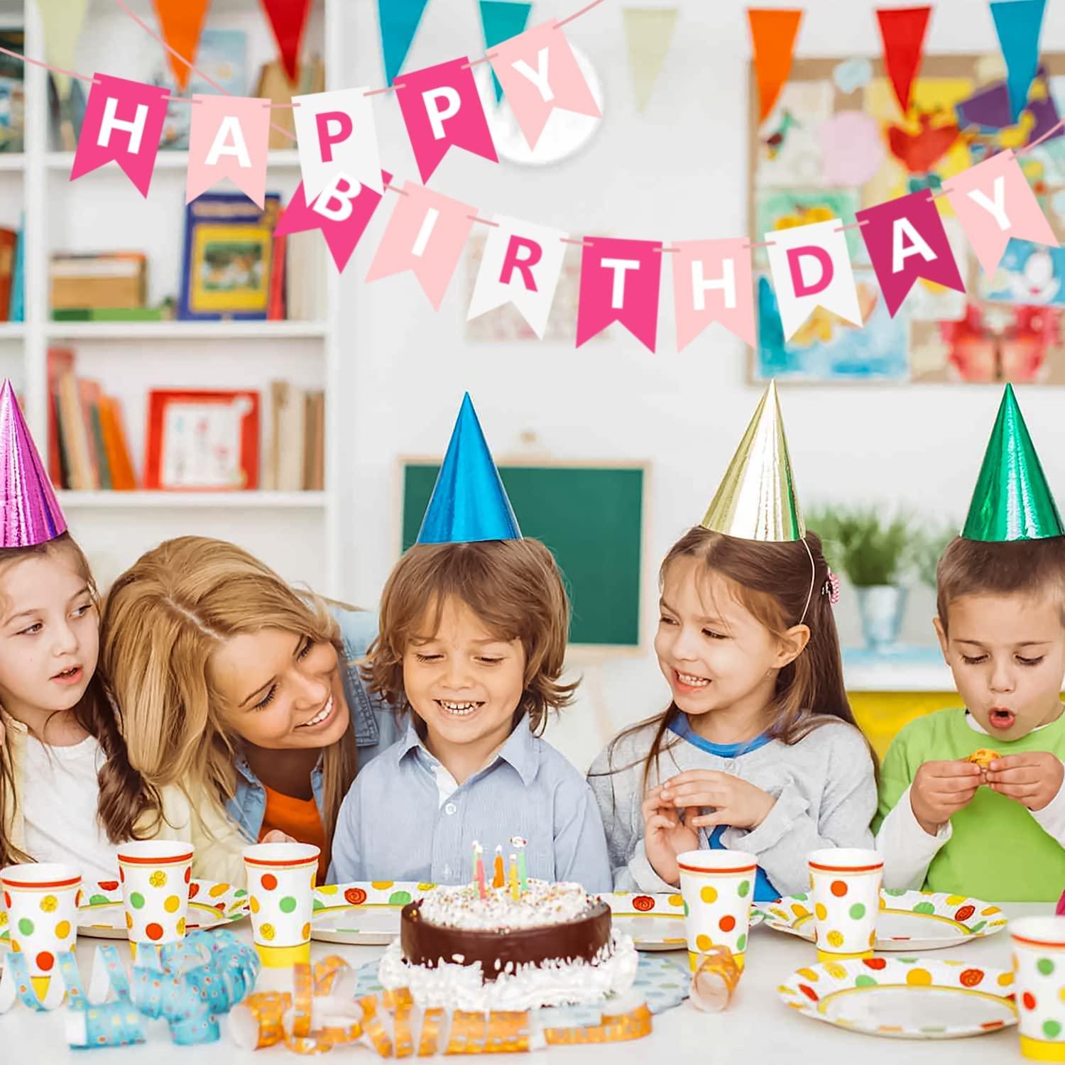 Waenerec Pink Happy Birthday Banner Sign Happy Birthday Bunting Banner Garland for Kids Girls Baby 1st Birthday Tea Party Decorations Bunting Flag Birthday Party Supplies - Image 4