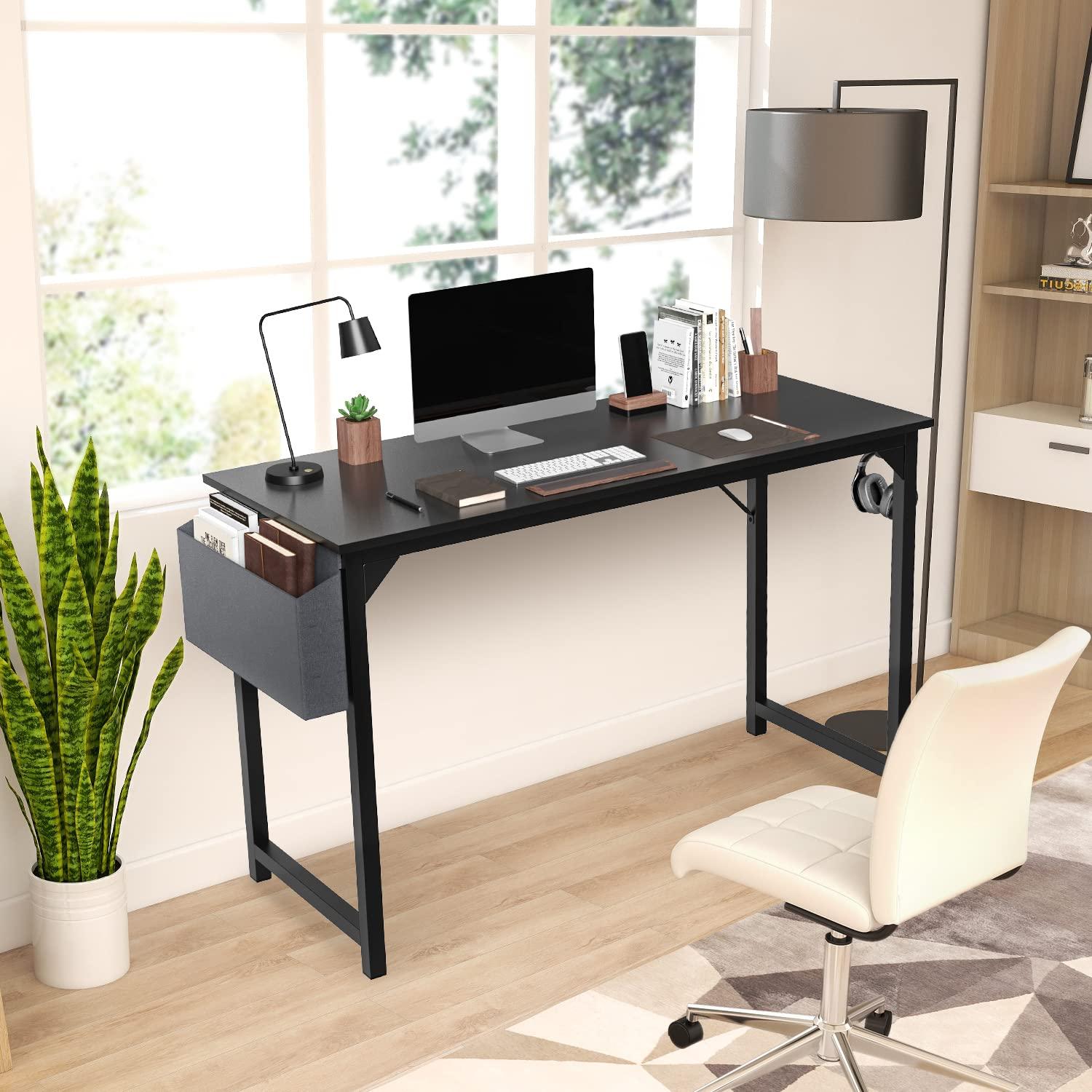 OLIXIS Computer Office Desk, 48 Inch Writing Work Study PC Wood Modern Desk with Storage Bag & Headphone Hook Simple Bedroom for 2 Person Kids Student Table, Black - Image 2